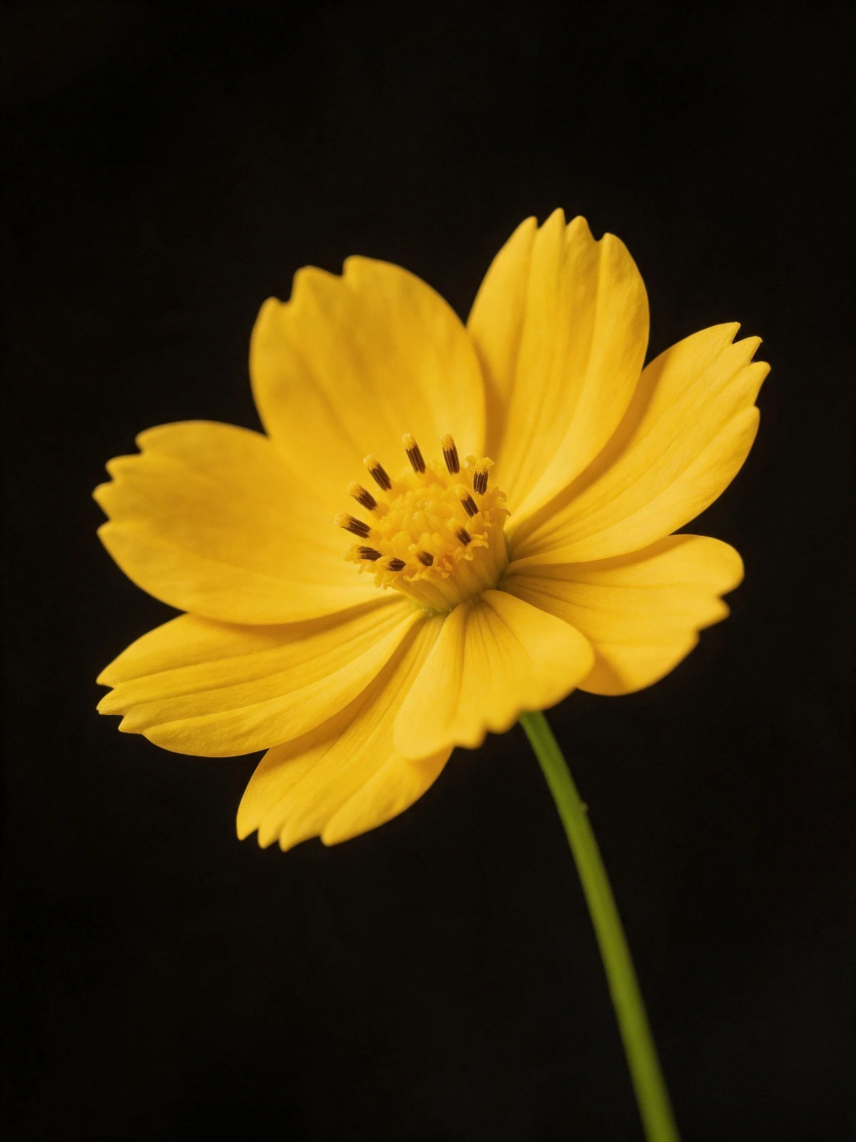 A vibrant yellow flower with a green stem against a black backdrop