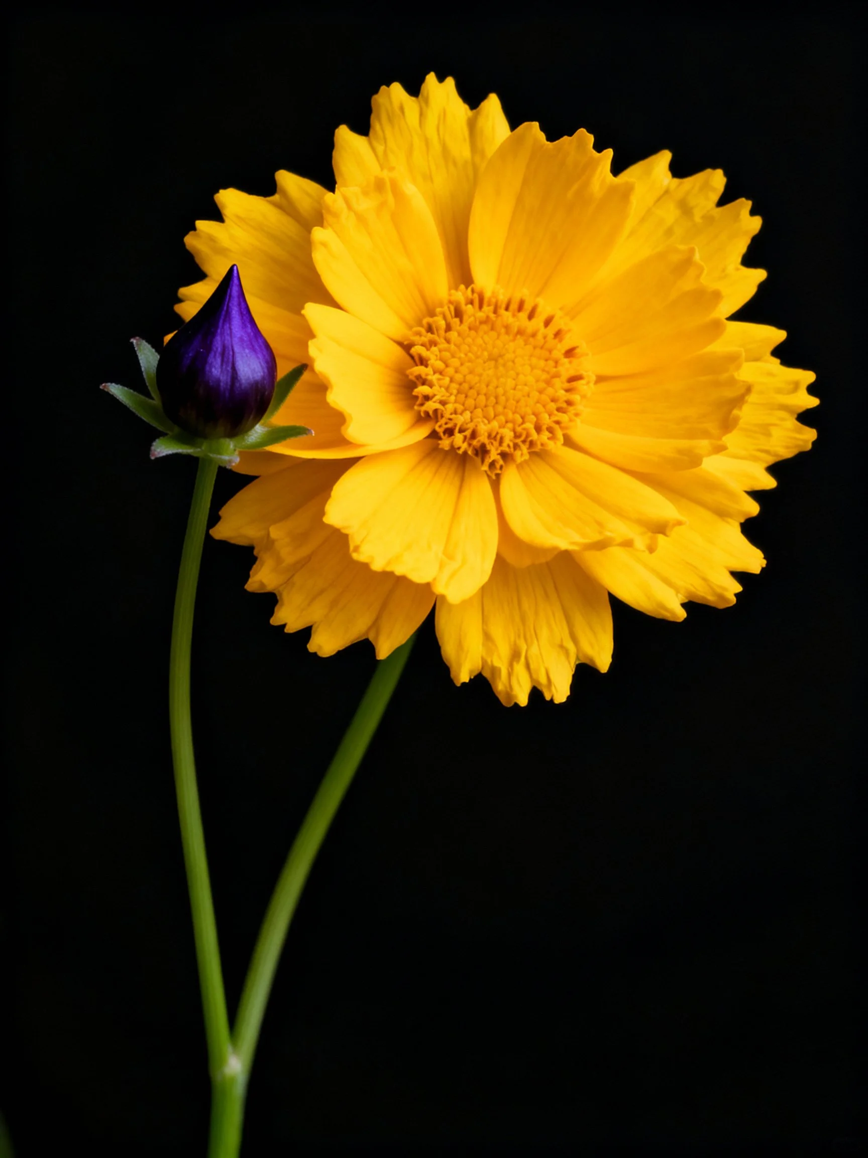 A vibrant yellow flower with a small purple bud against a black backdrop