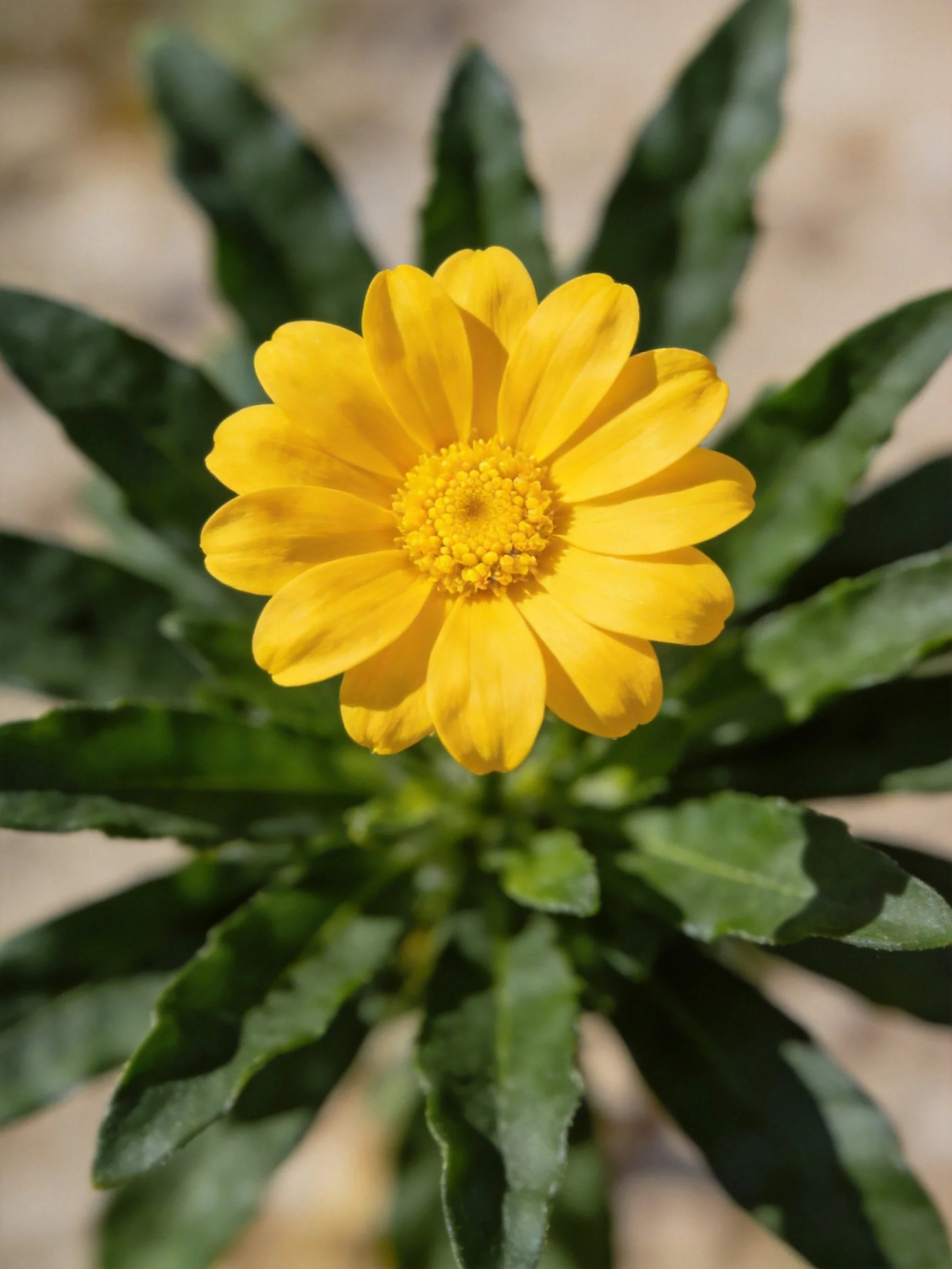 A vibrant yellow flower with dark green foliage