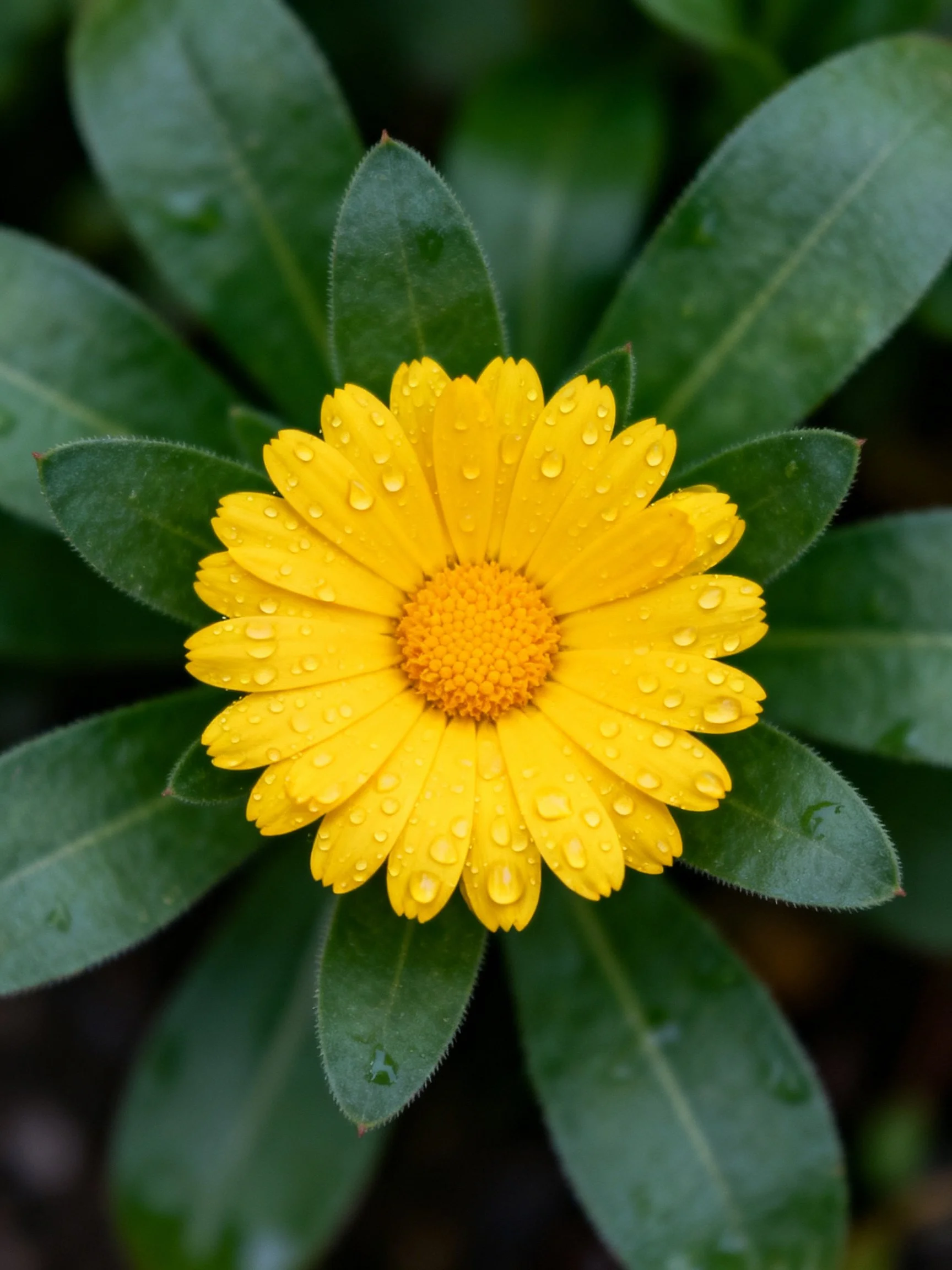 A vibrant yellow flower with dewdrops among glossy green leaves
