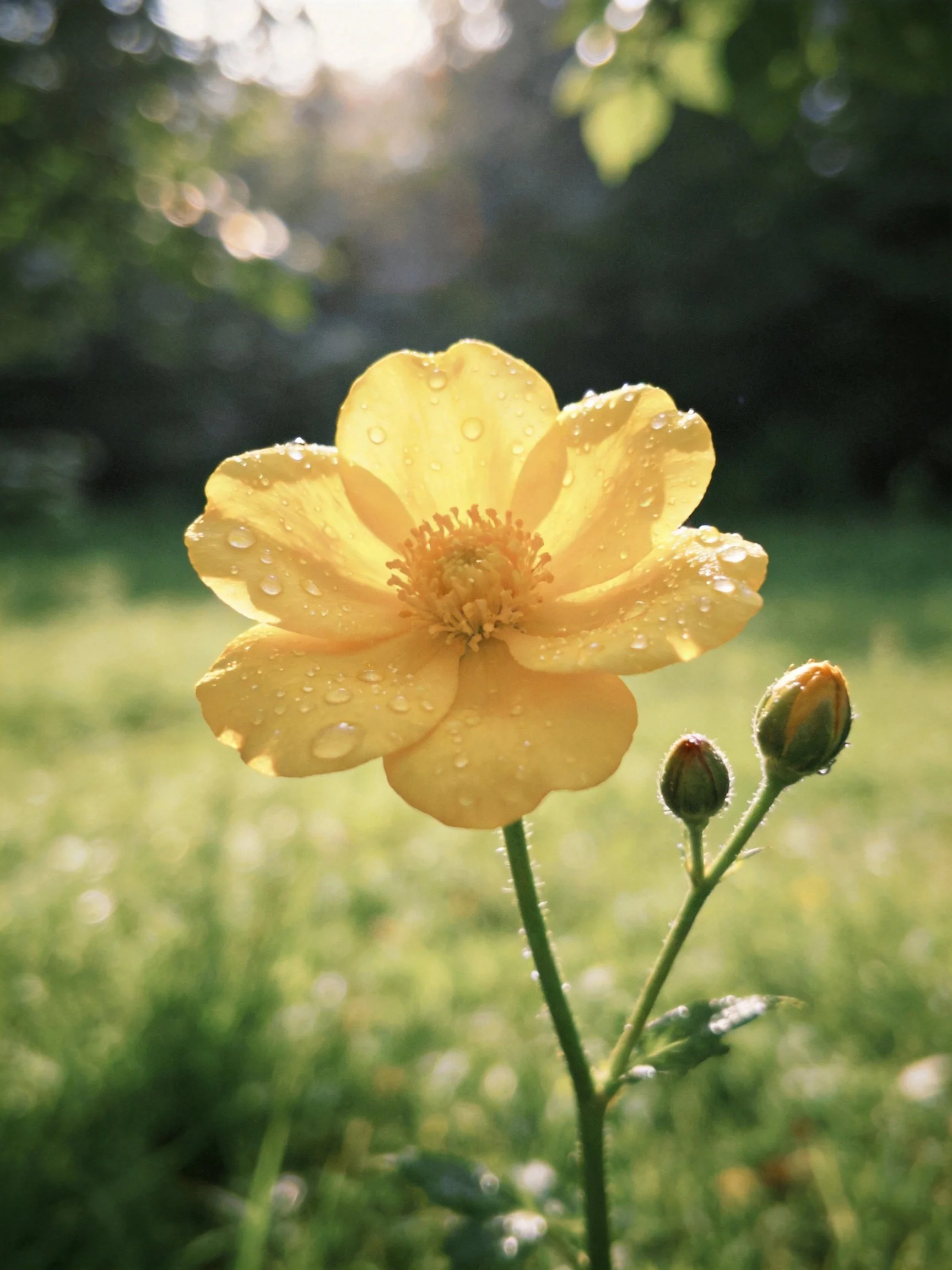 A vibrant yellow flower with dewdrops in a sunlit meadow