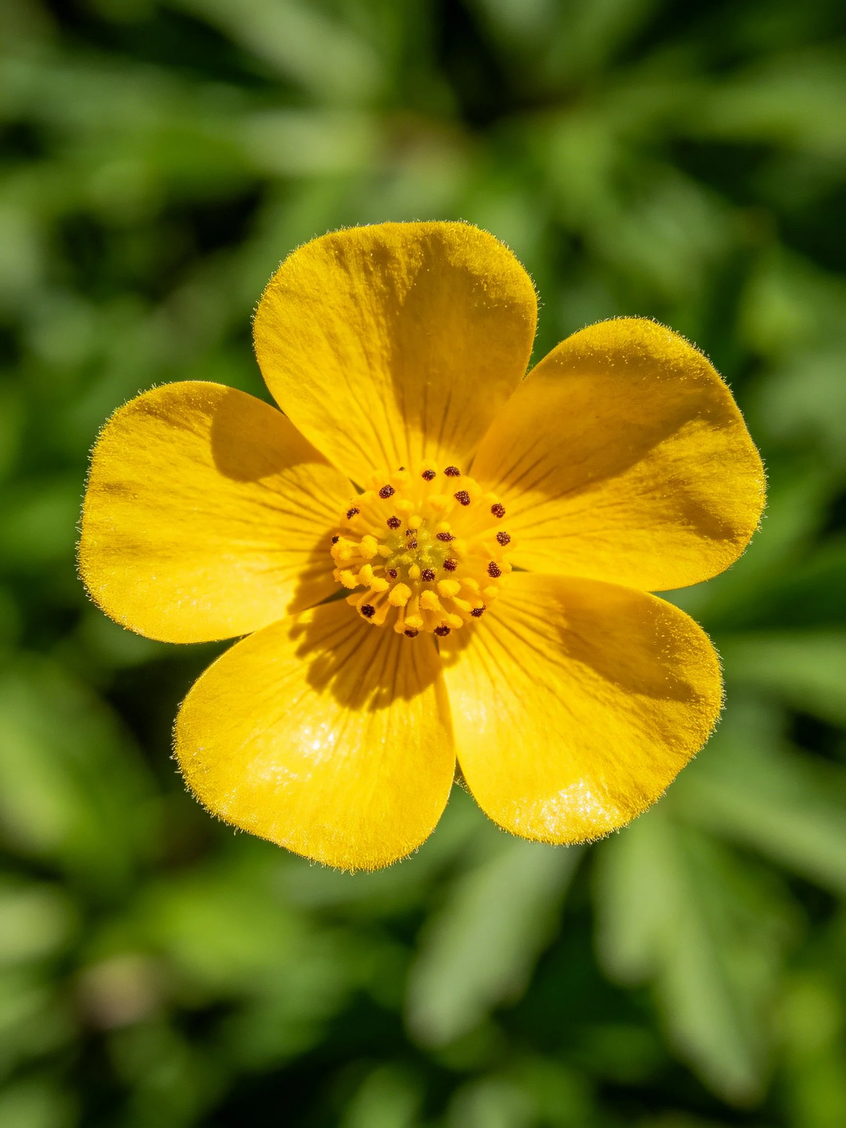 A vibrant yellow flower with five petals against green foliage