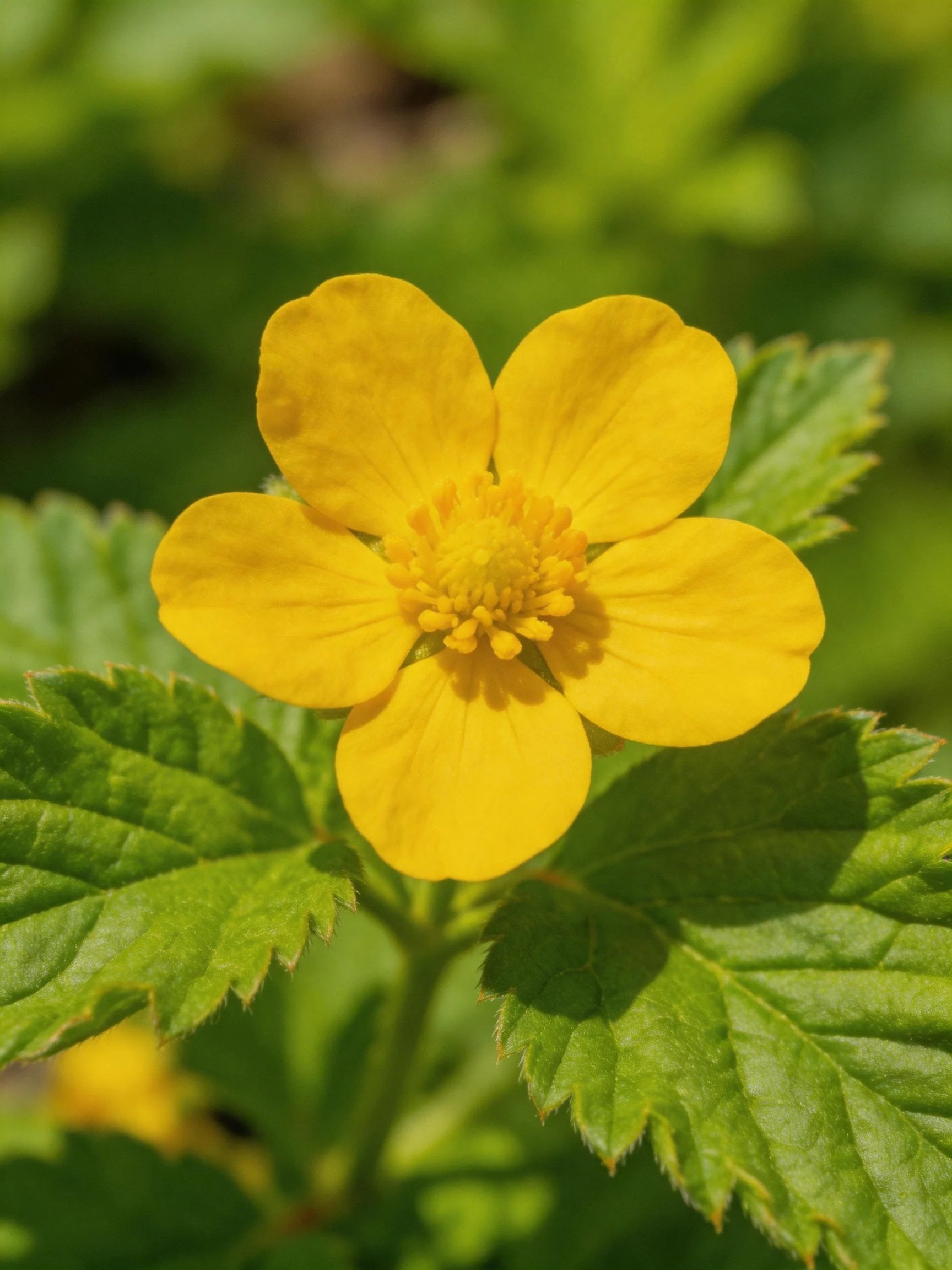 A vibrant yellow flower with five petals among green foliage