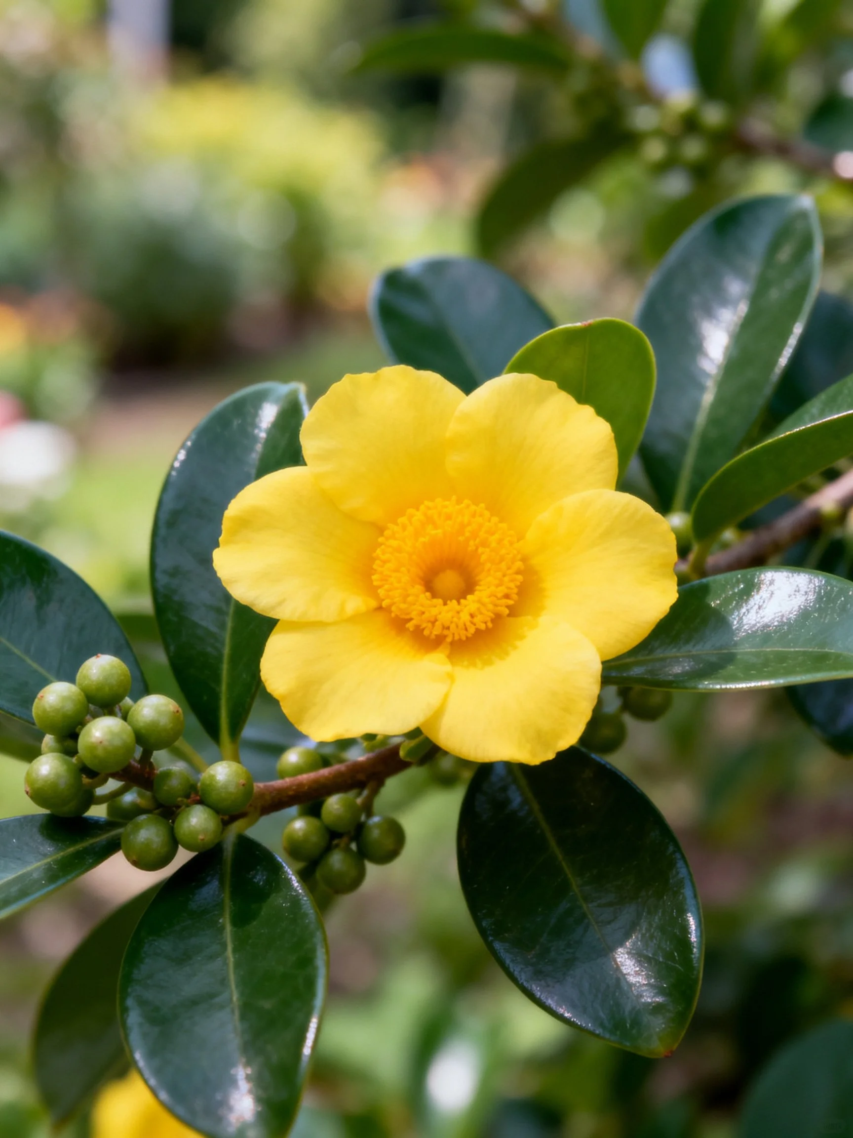 A vibrant yellow flower with glossy green leaves and round green berries