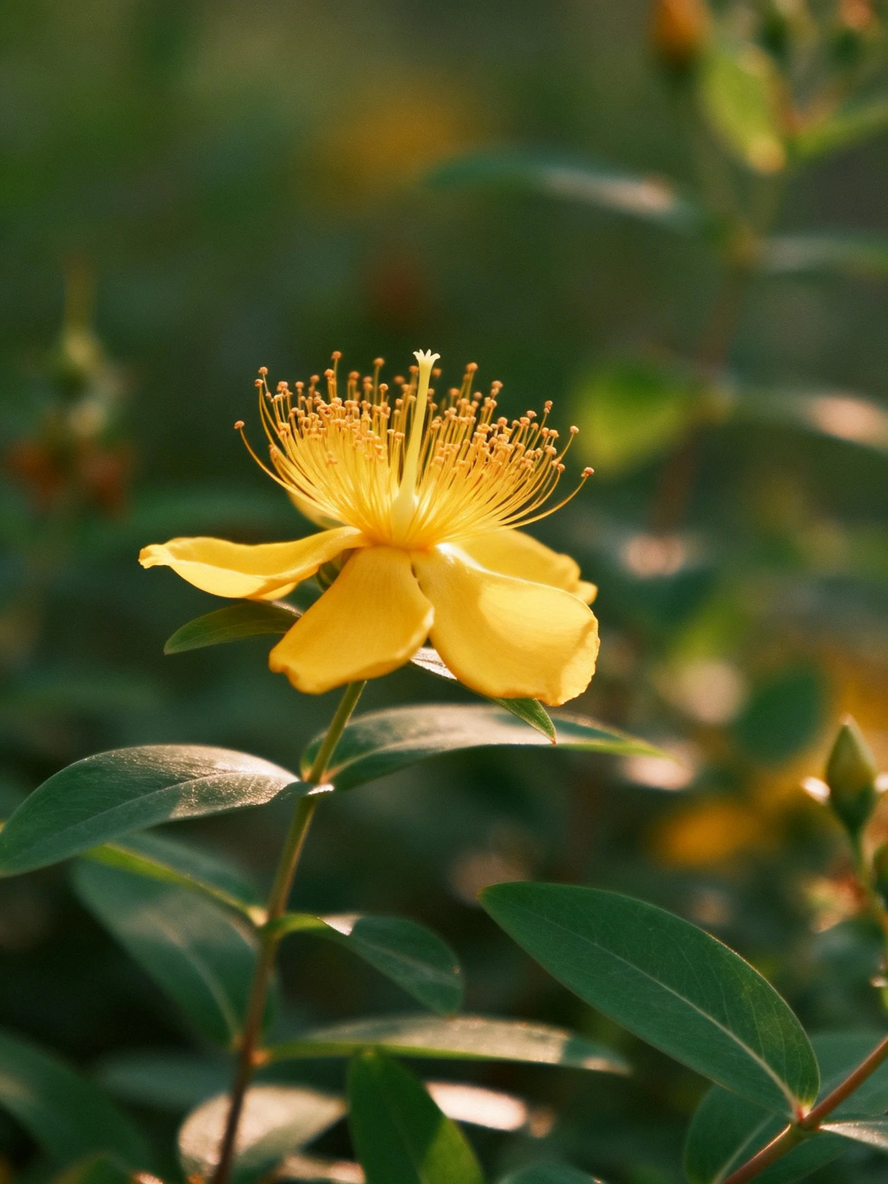 A vibrant yellow flower with golden stamens amid lush green leaves