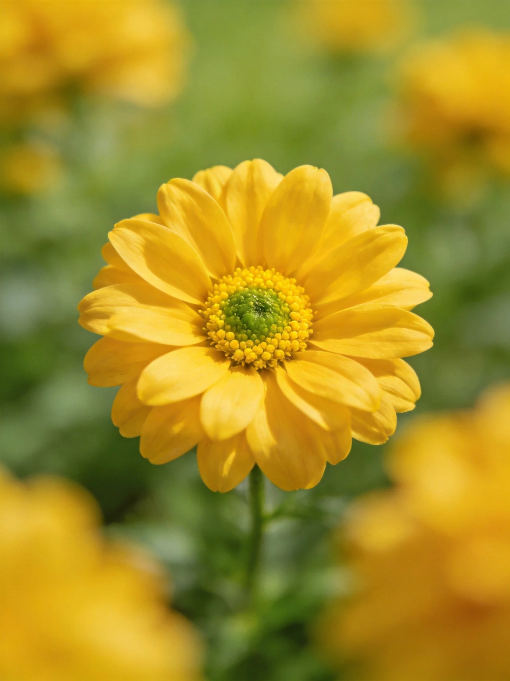 A vibrant yellow flower with green center amid blurred yellow blooms