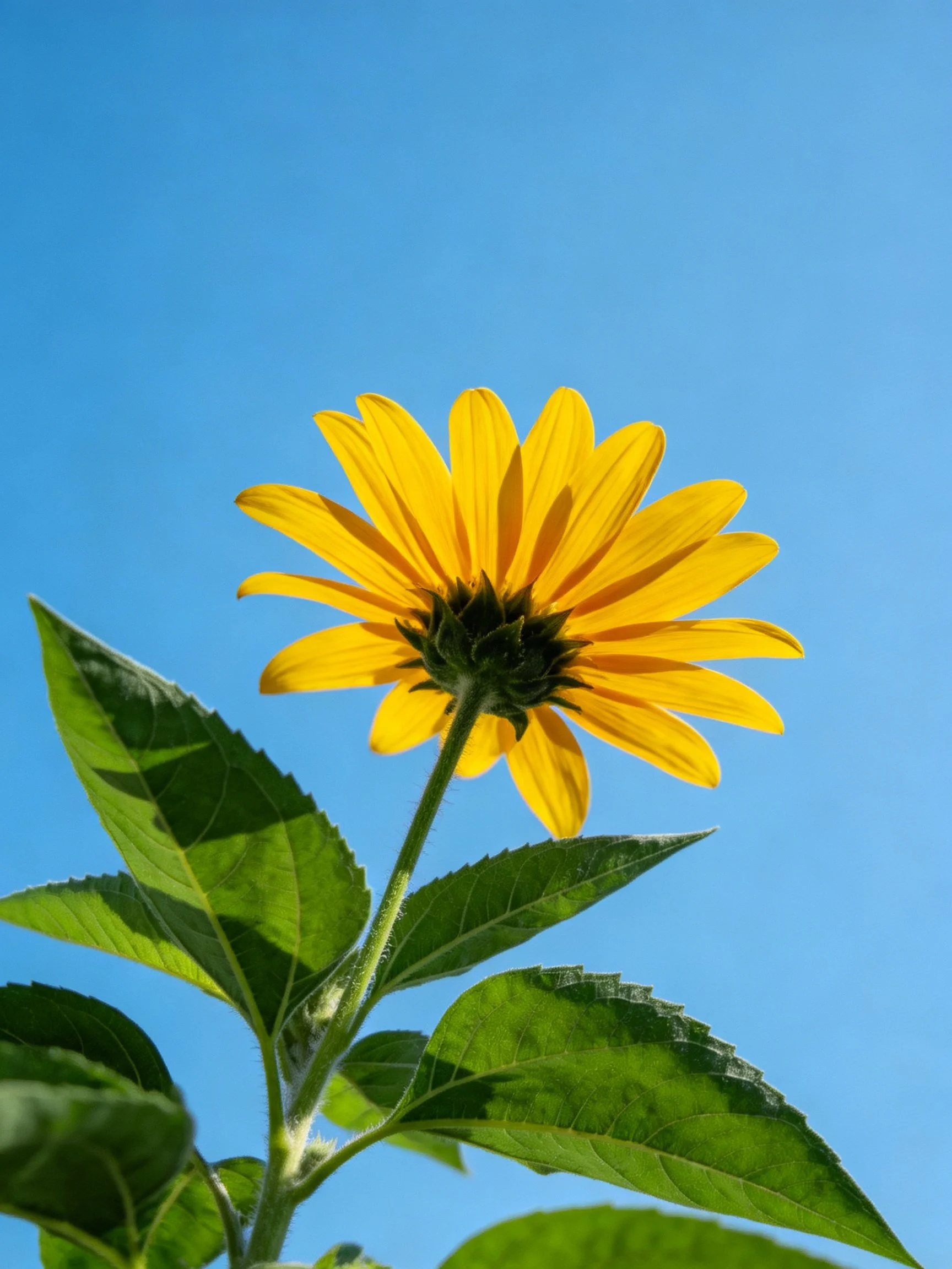A vibrant yellow flower with green leaves against a clear blue sky