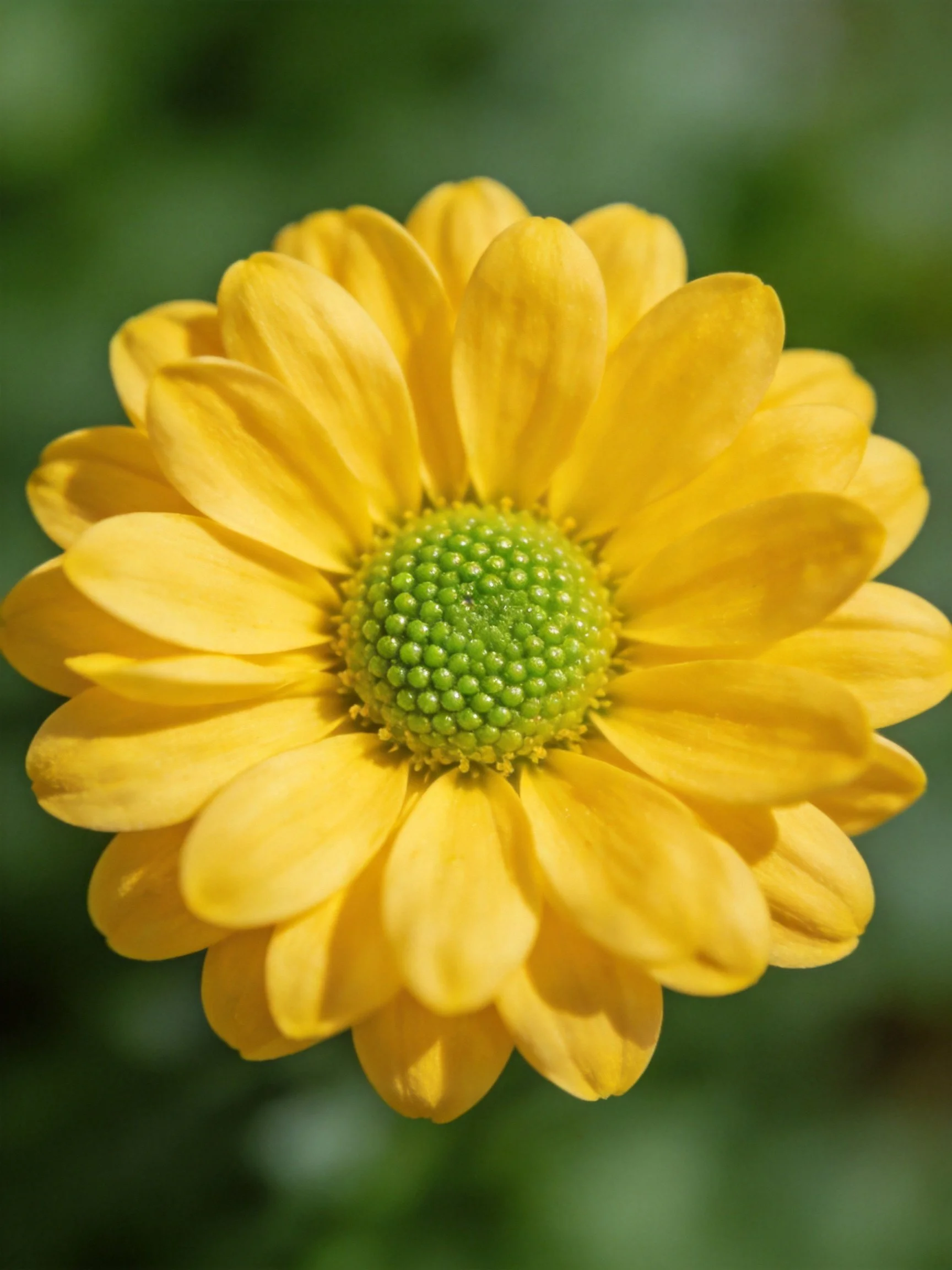 A vibrant yellow flower with layered petals and green central disc