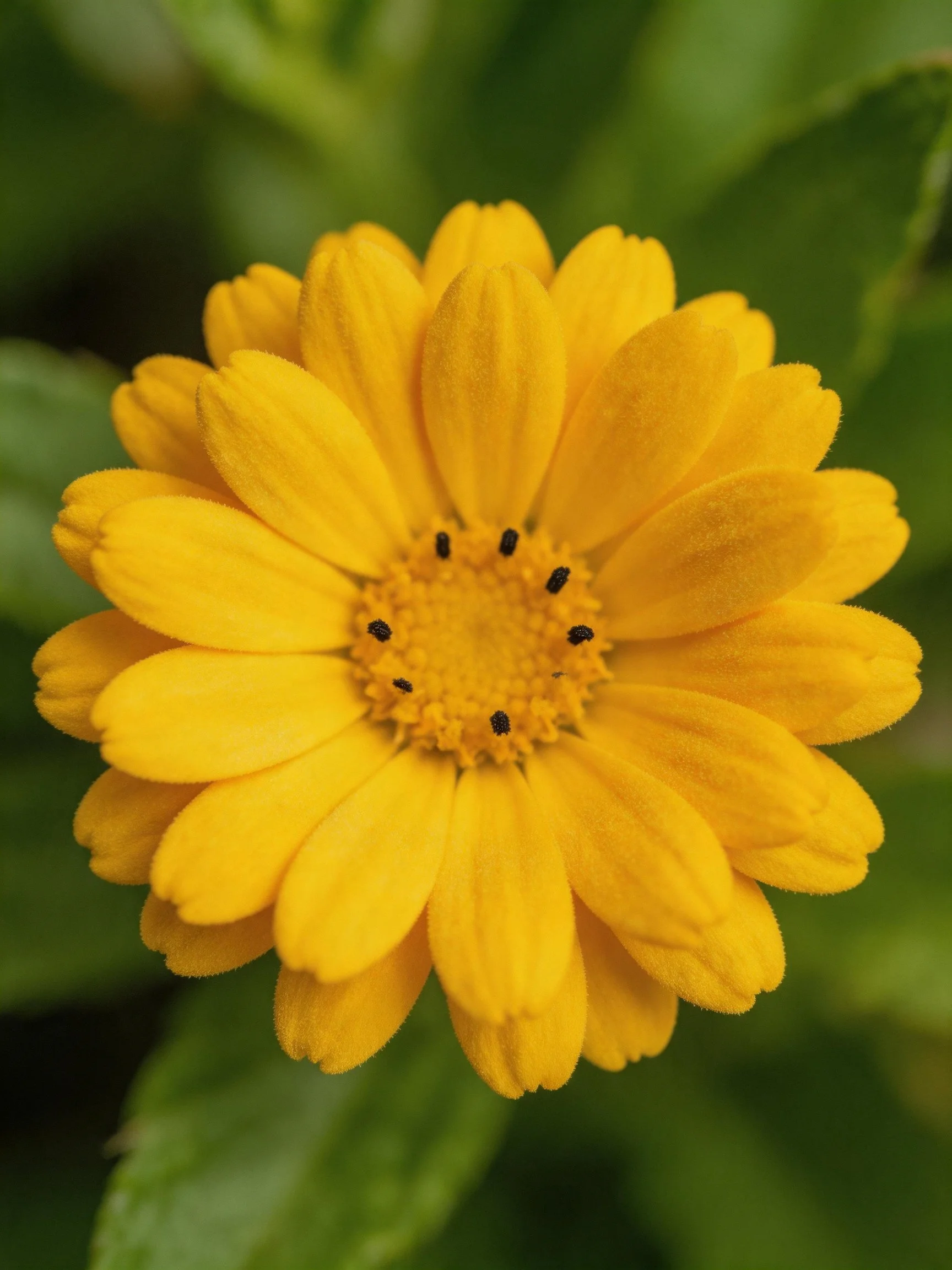 A vibrant yellow flower with layered petals and green foliage