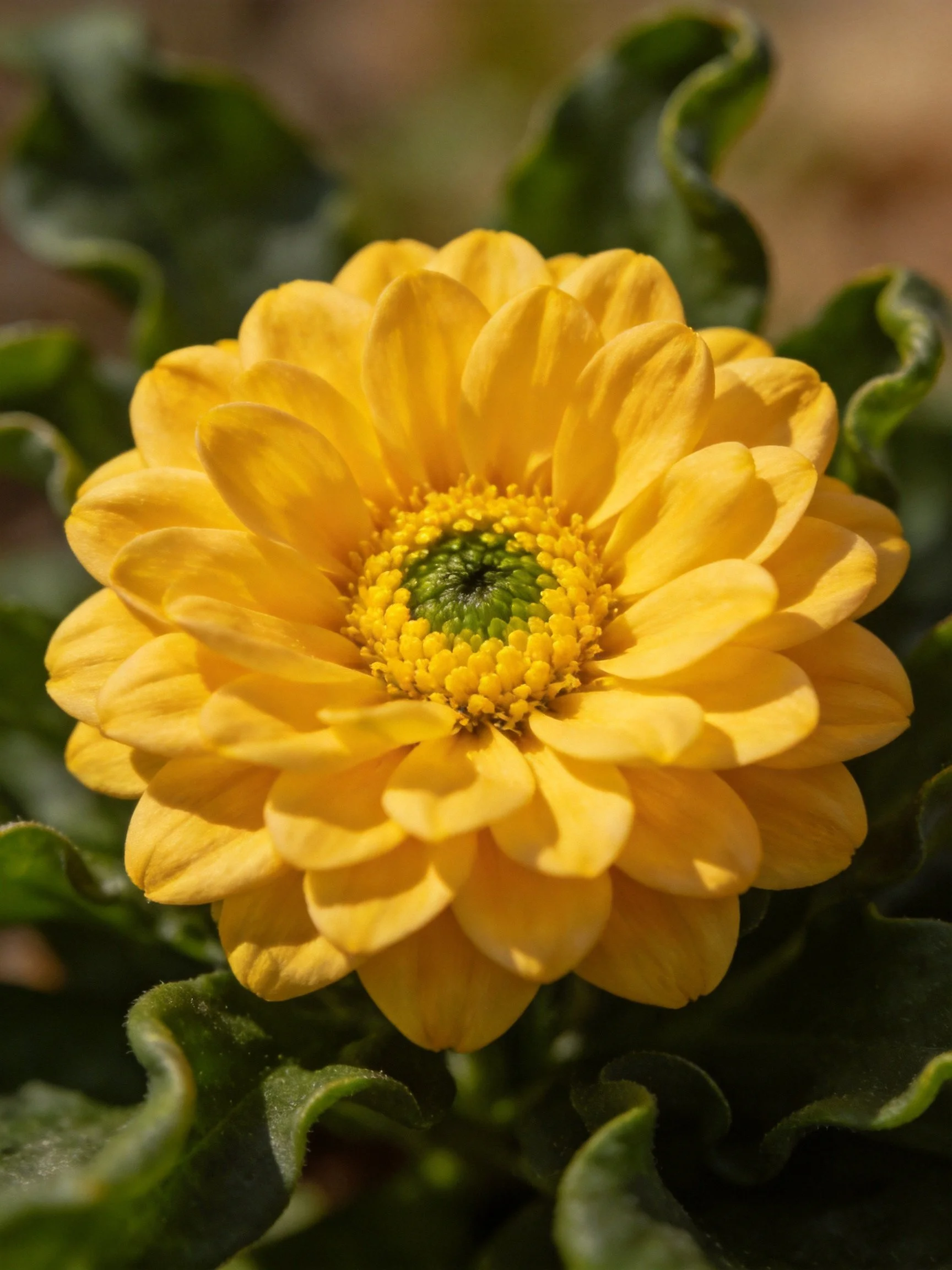 A vibrant yellow flower with layered petals and green foliage