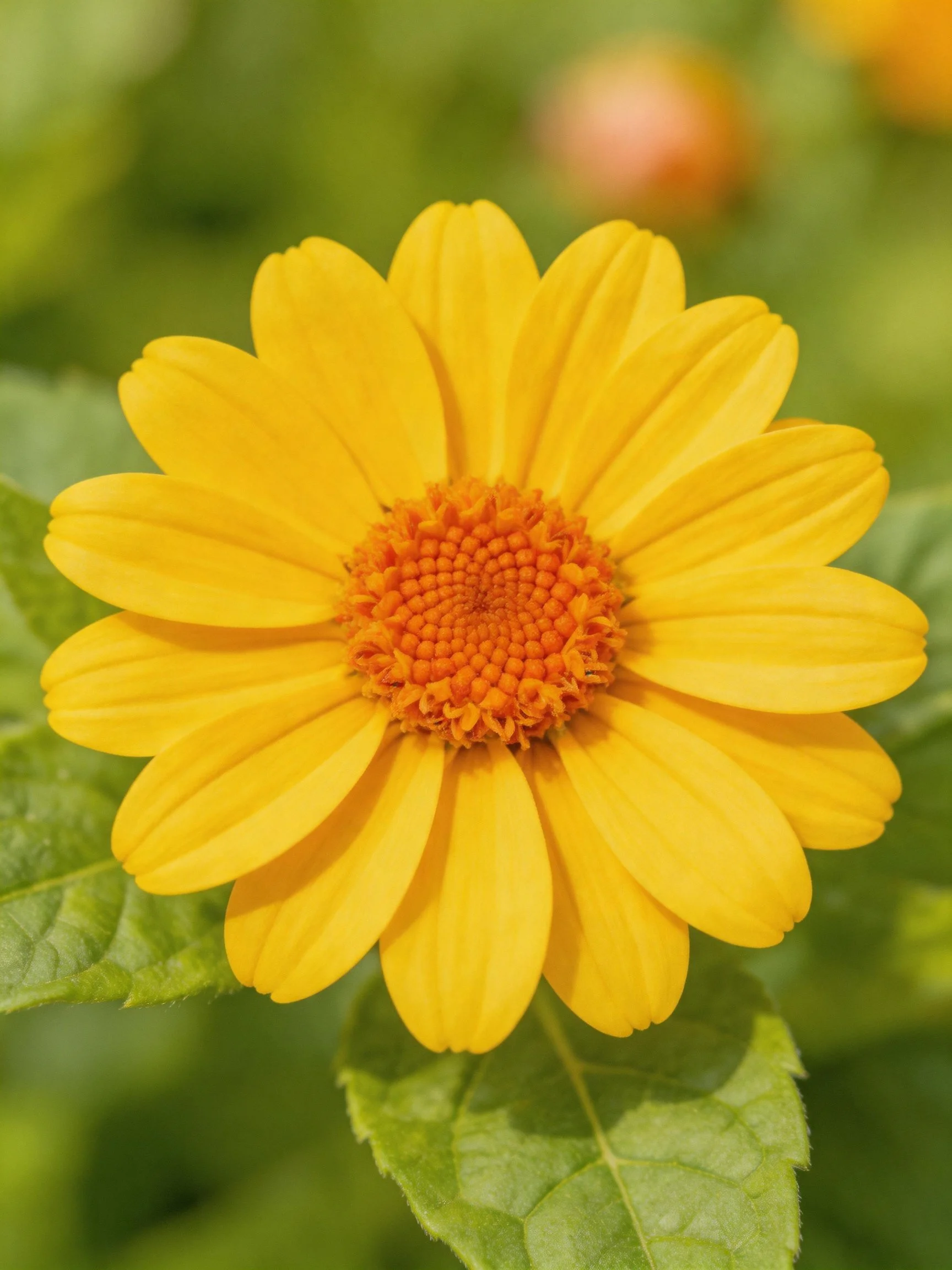 A vibrant yellow flower with orange center and green foliage