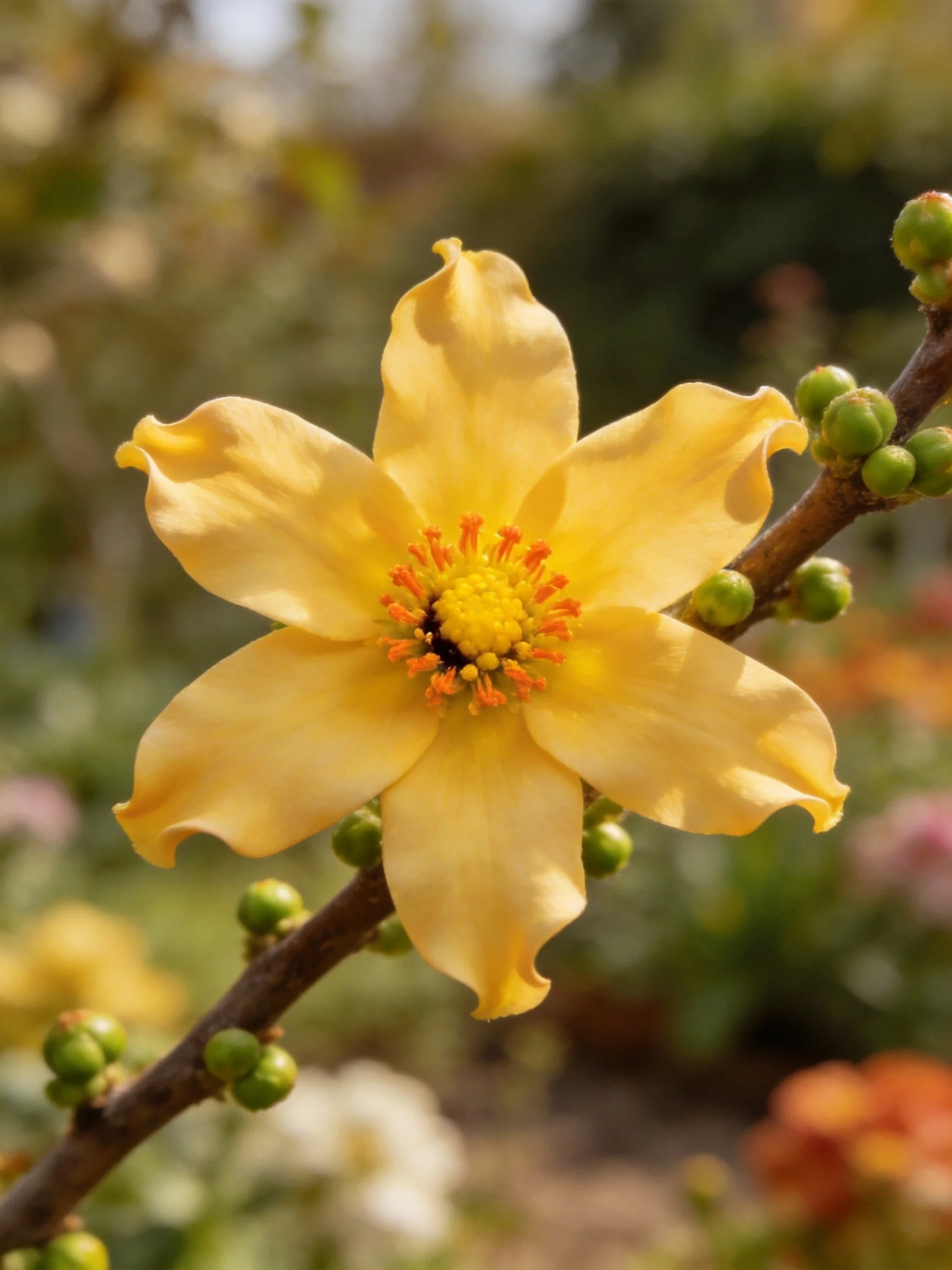 A vibrant yellow flower with six petals and green buds