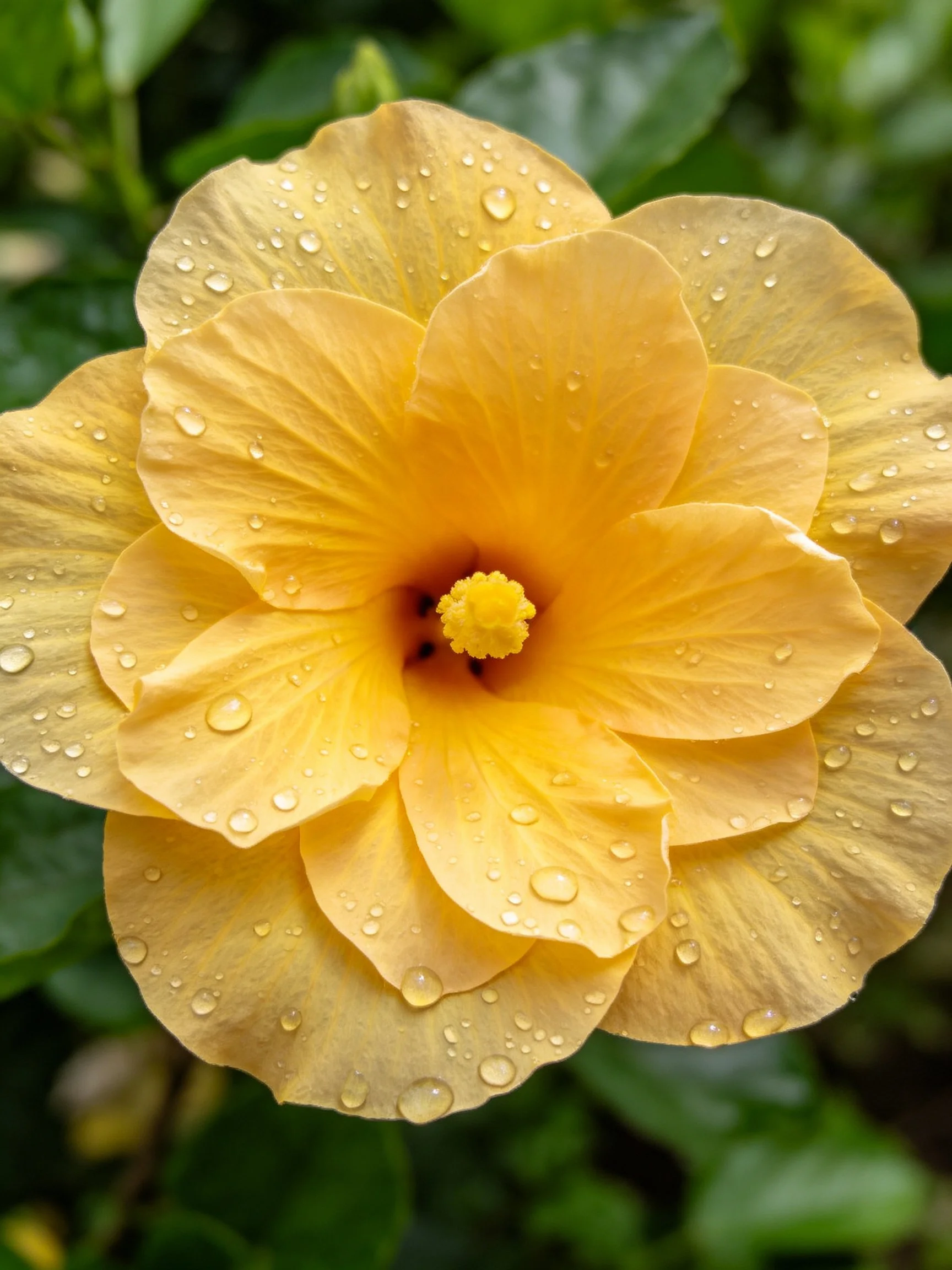 A vibrant yellow hibiscus flower covered in dewdrops