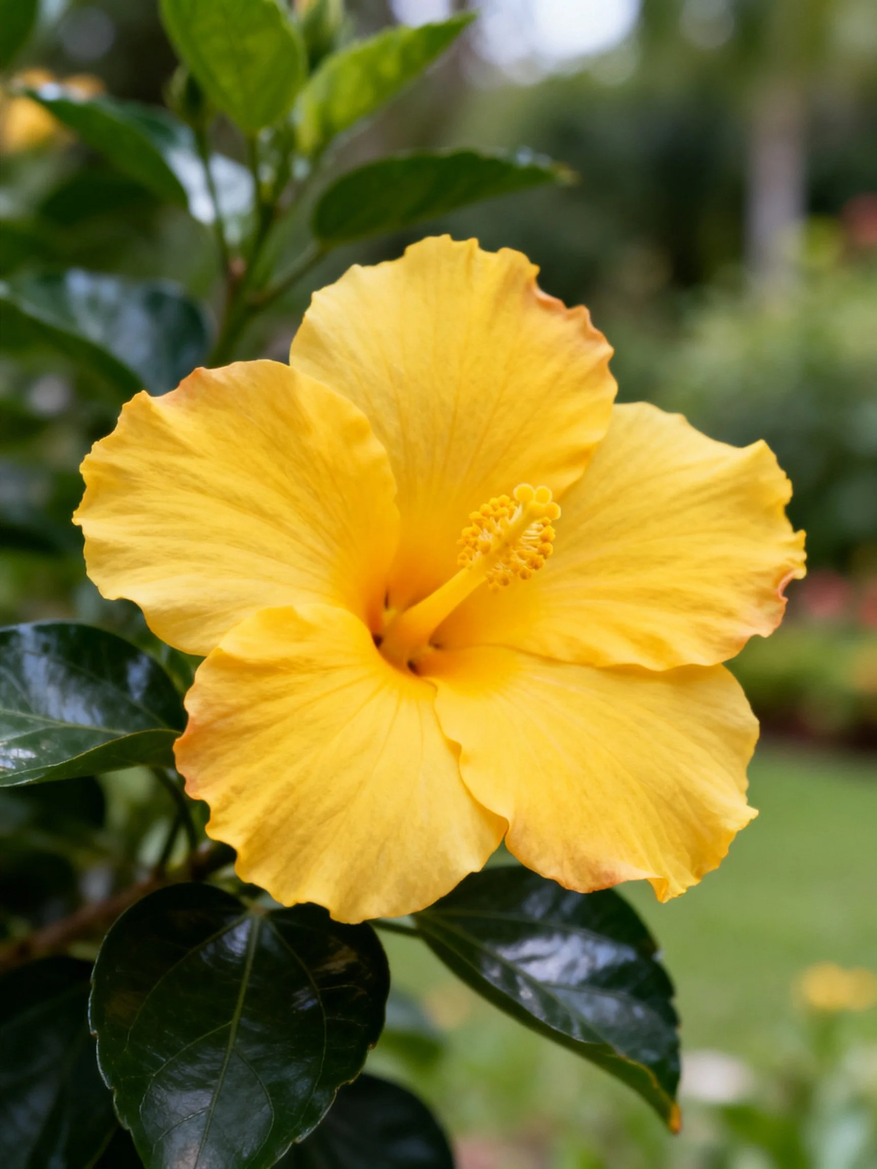 A vibrant yellow hibiscus flower with glossy green leaves