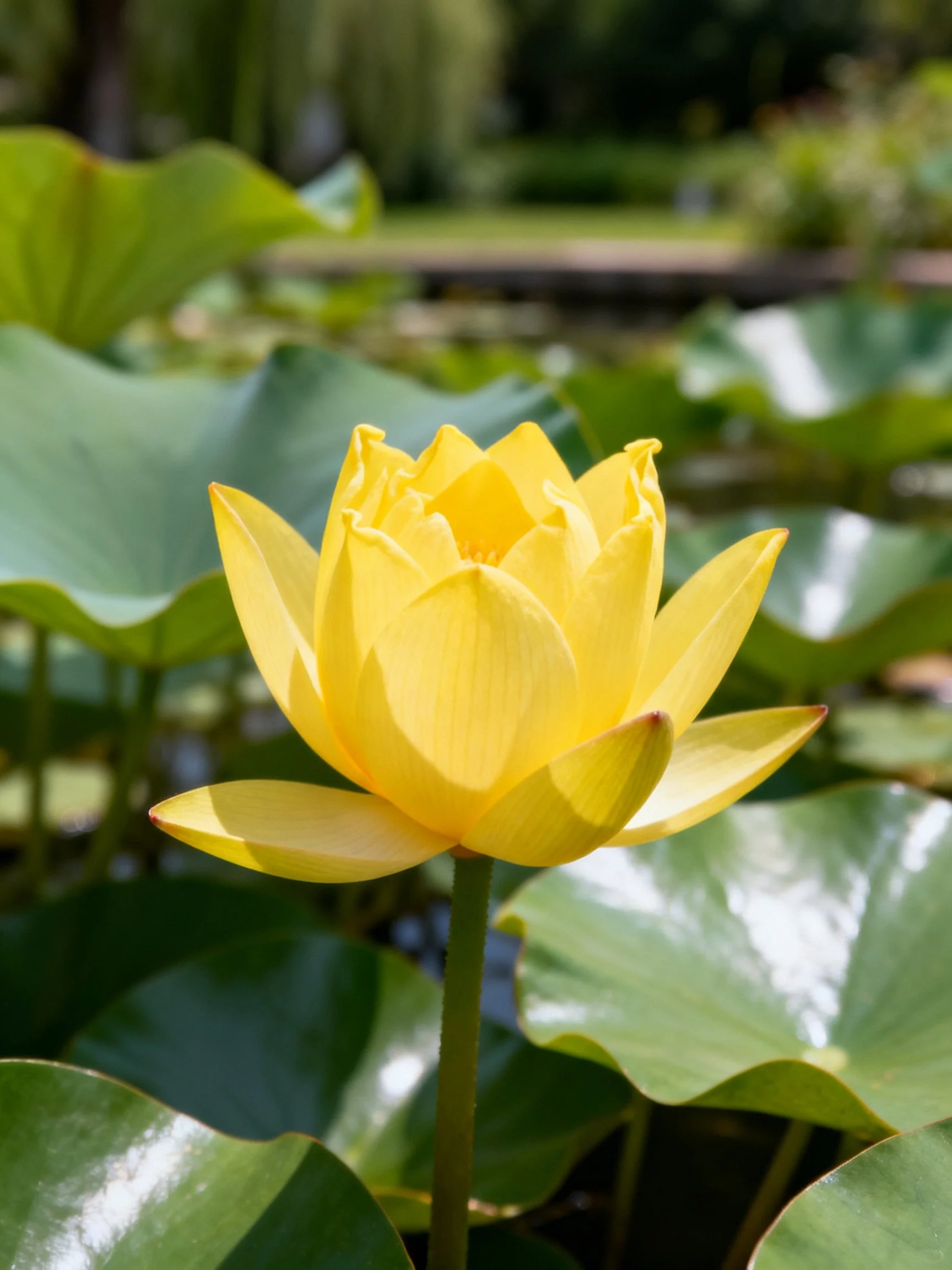 A vibrant yellow lotus blooming among large green lily pads