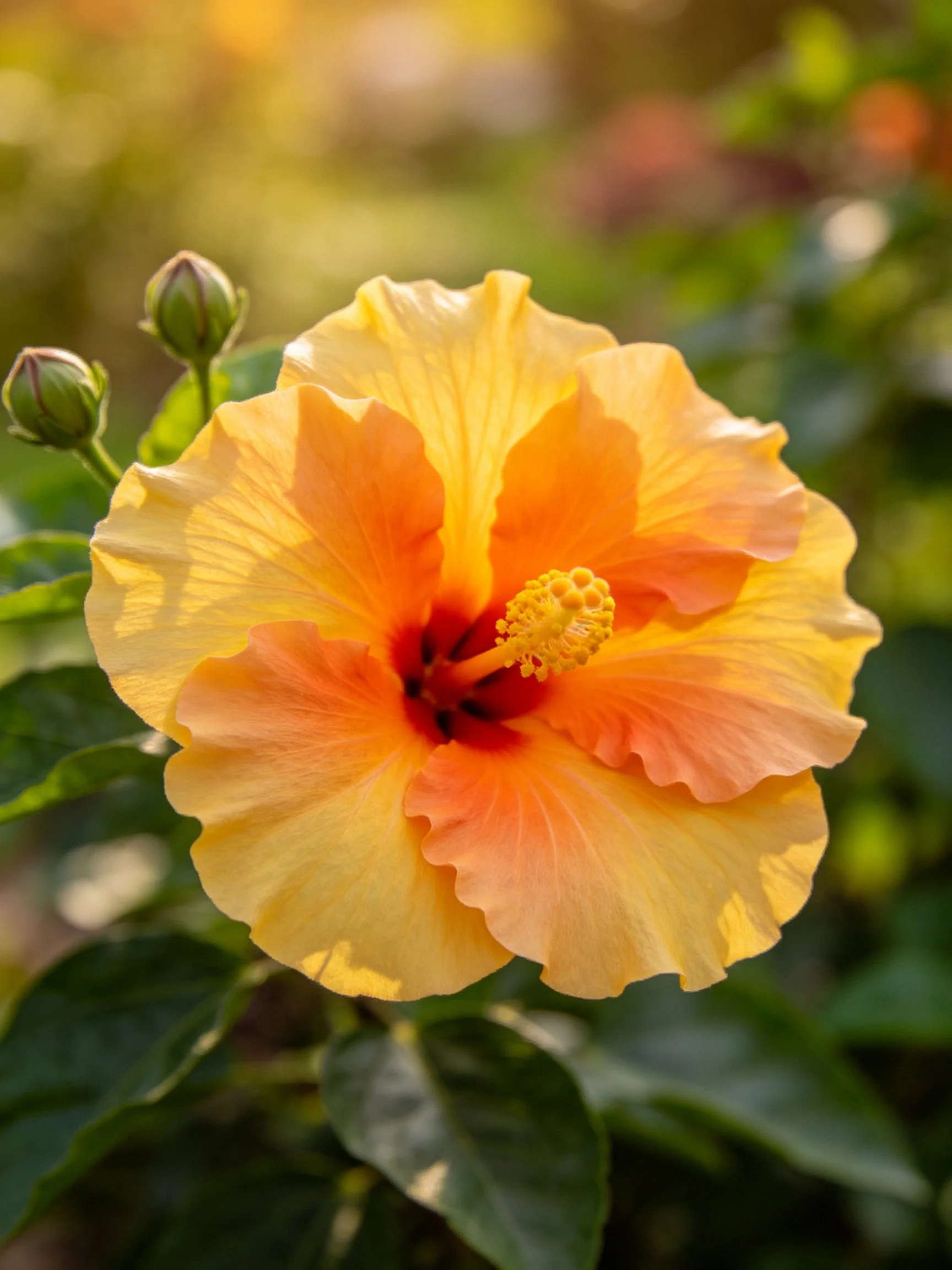 A vibrant yellow-orange hibiscus blooms near green buds