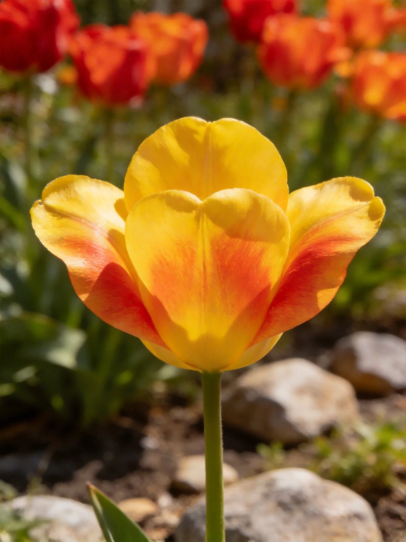 A vibrant yellow-orange tulip with red accents near rocks and flowers