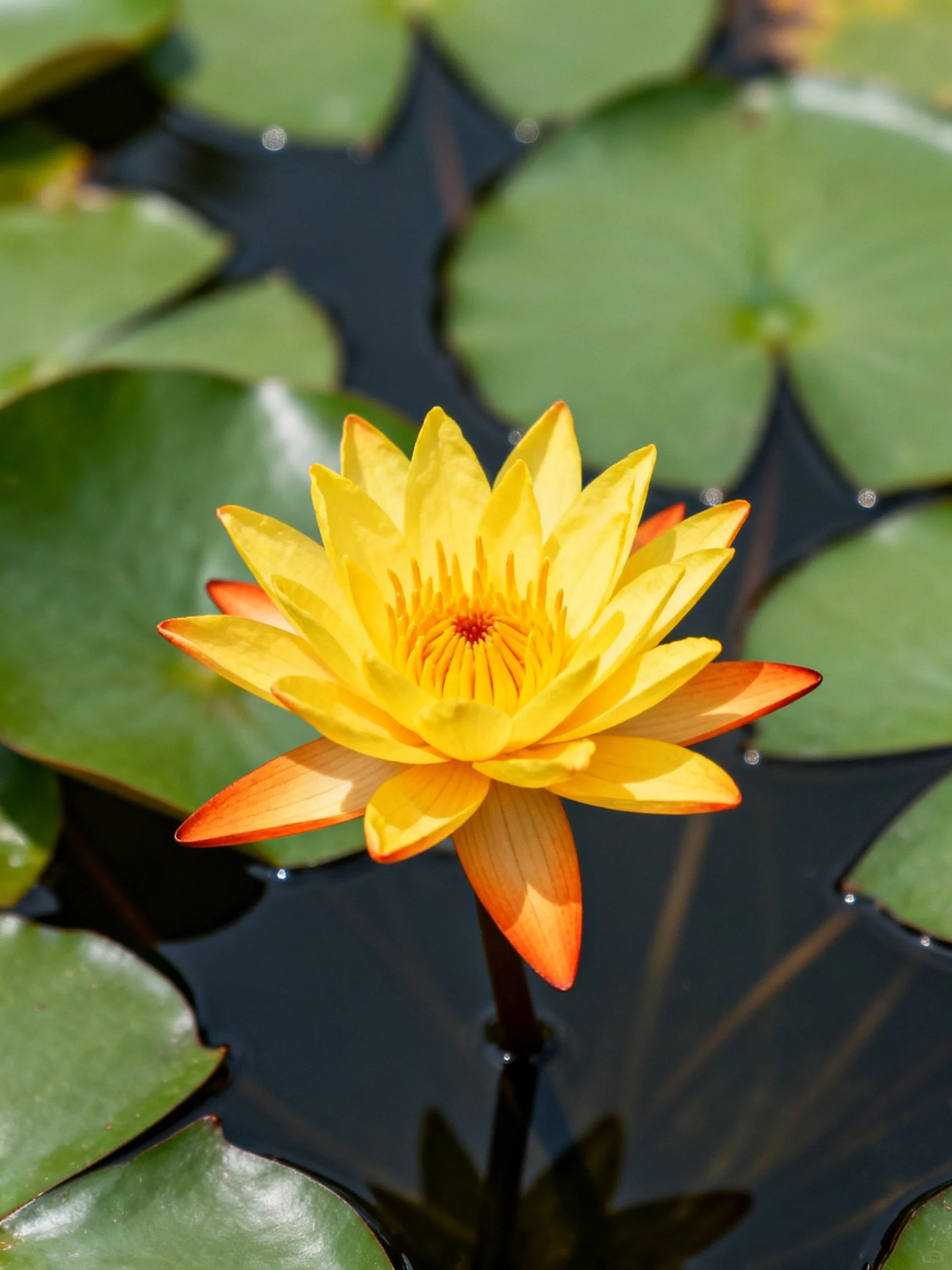 A vibrant yellow-orange water lily blooms among green lily pads