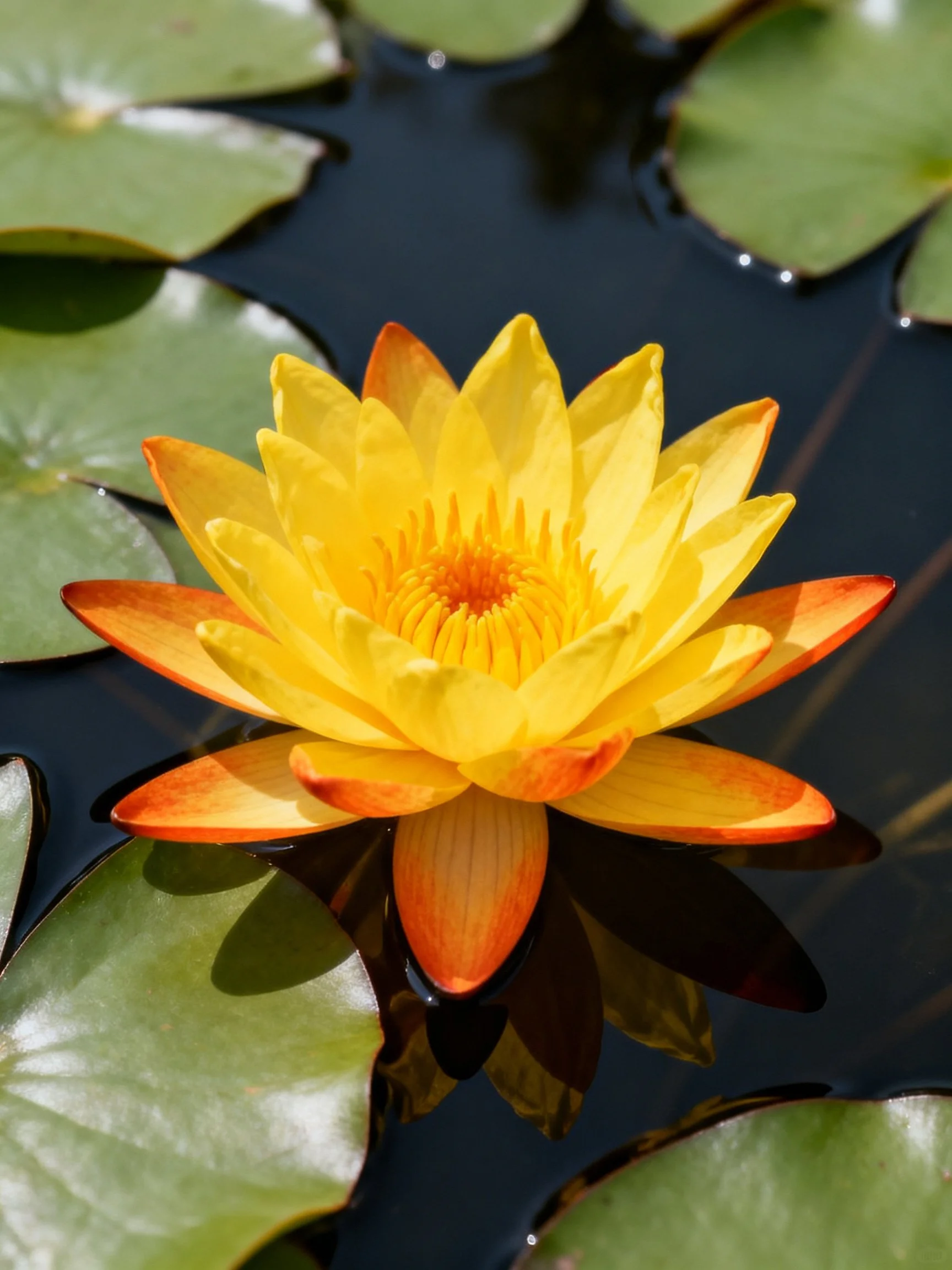 A vibrant yellow-orange water lily blooms among green lily pads