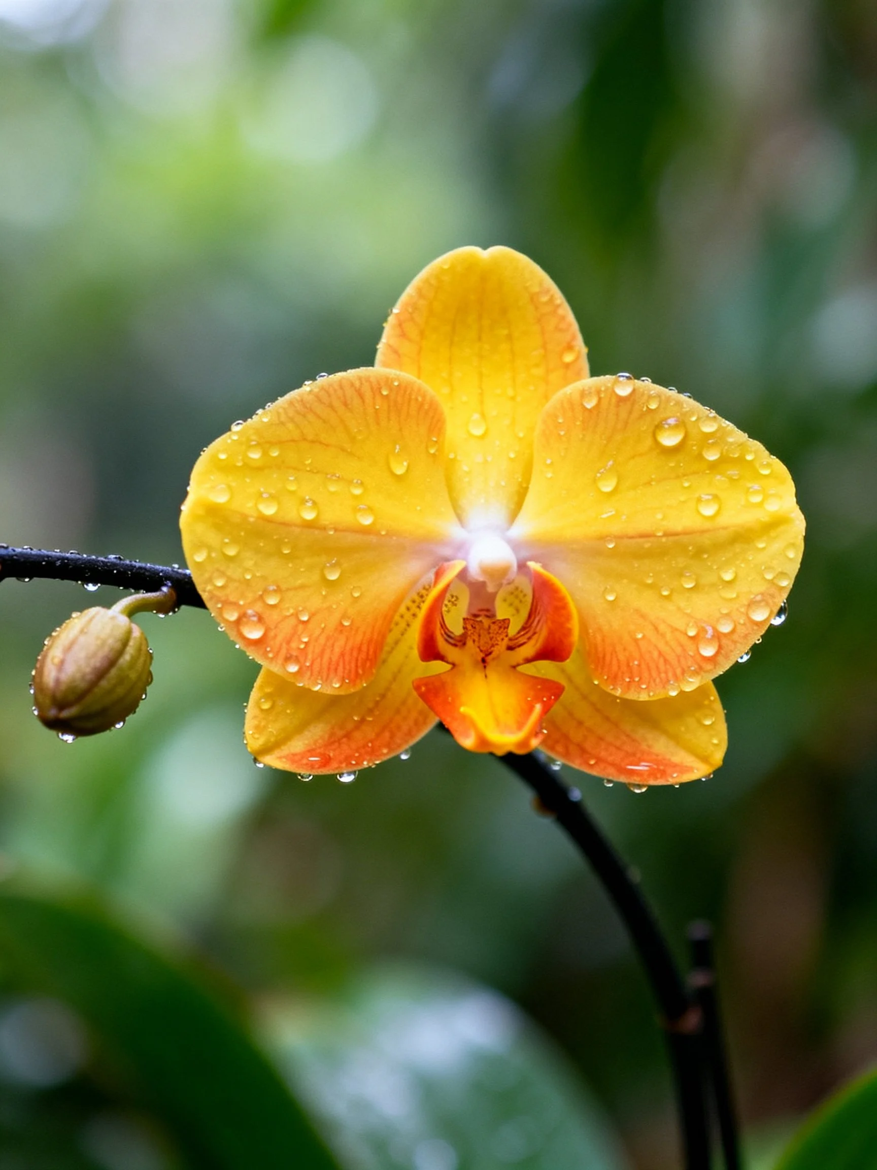 A vibrant yellow orchid with water droplets on petals