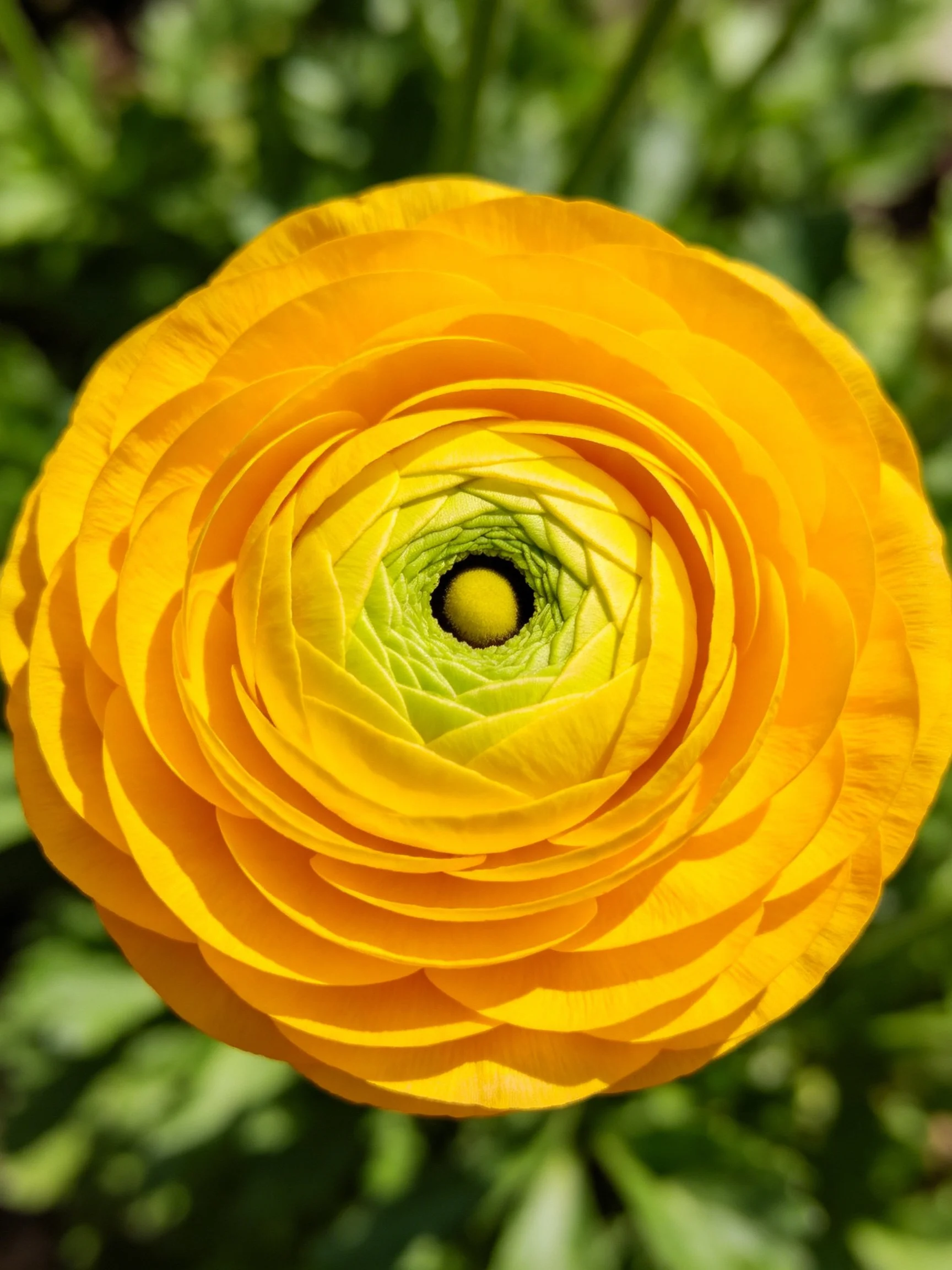 A vibrant yellow ranunculus flower with concentric petals