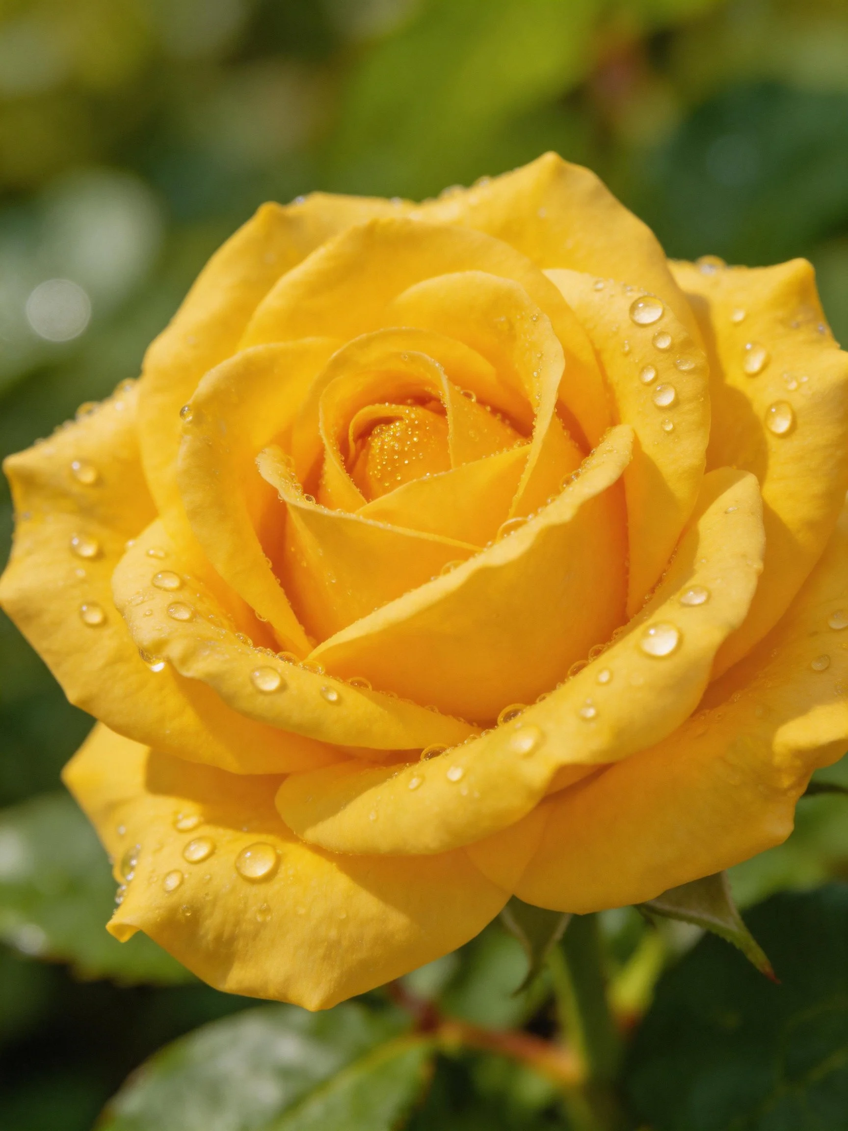 A vibrant yellow rose adorned with glistening water droplets