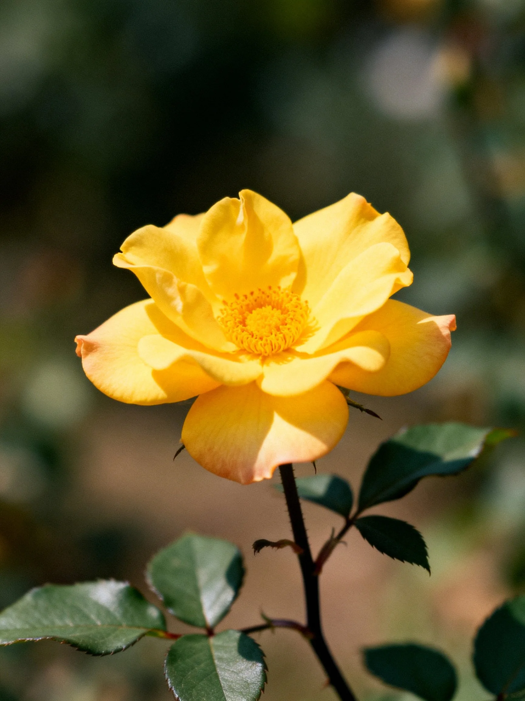 A vibrant yellow rose blooms against a blurred green backdrop