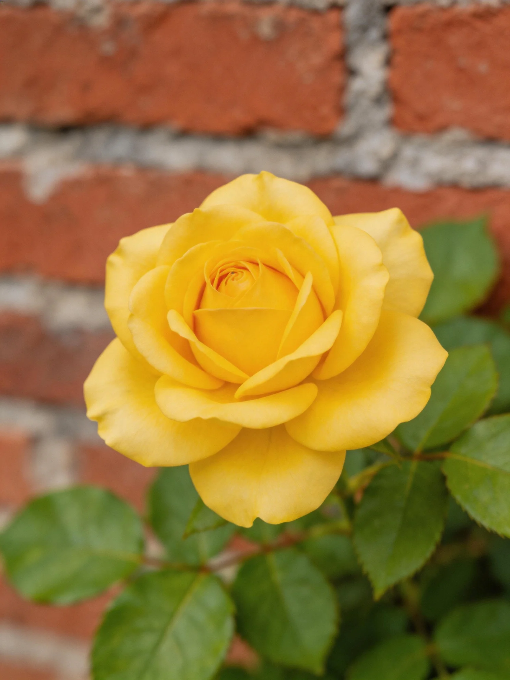 A vibrant yellow rose blooms against an aged red brick wall