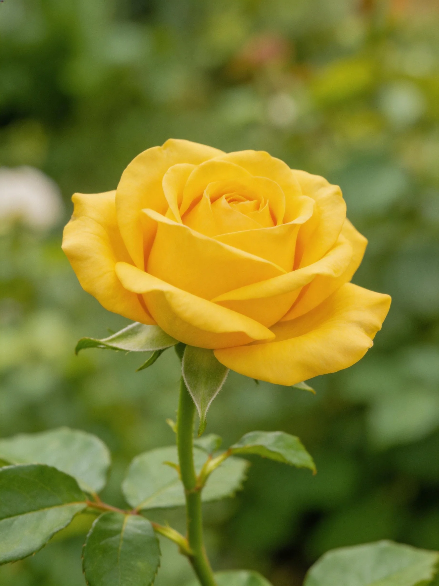 A vibrant yellow rose blooms in sharp focus amid blurred greenery