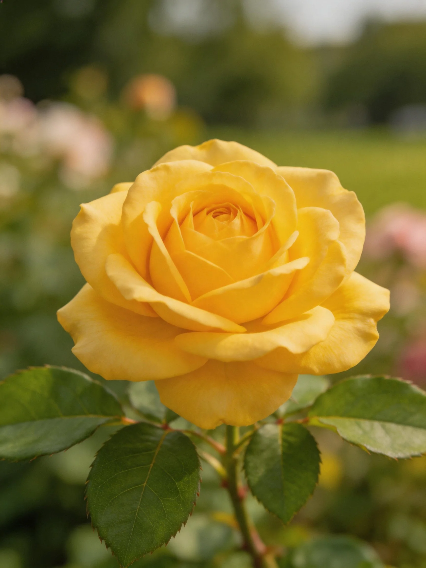 A vibrant yellow rose blooms sharply focused among soft green foliage