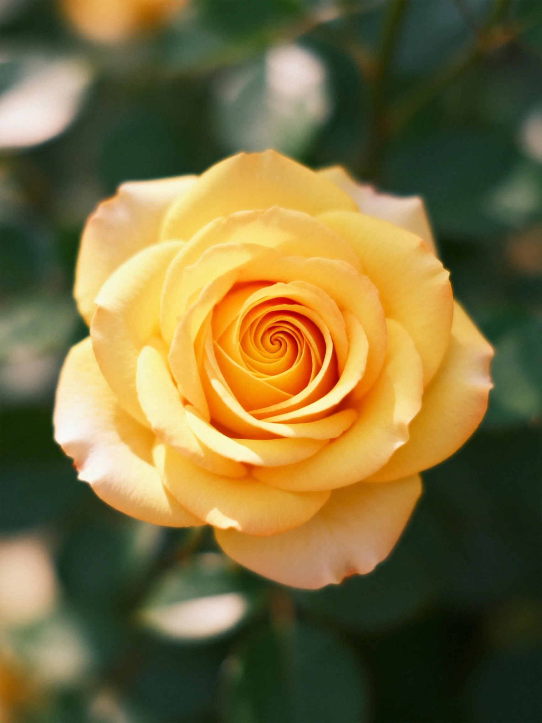 A vibrant yellow rose in full bloom against blurred green foliage