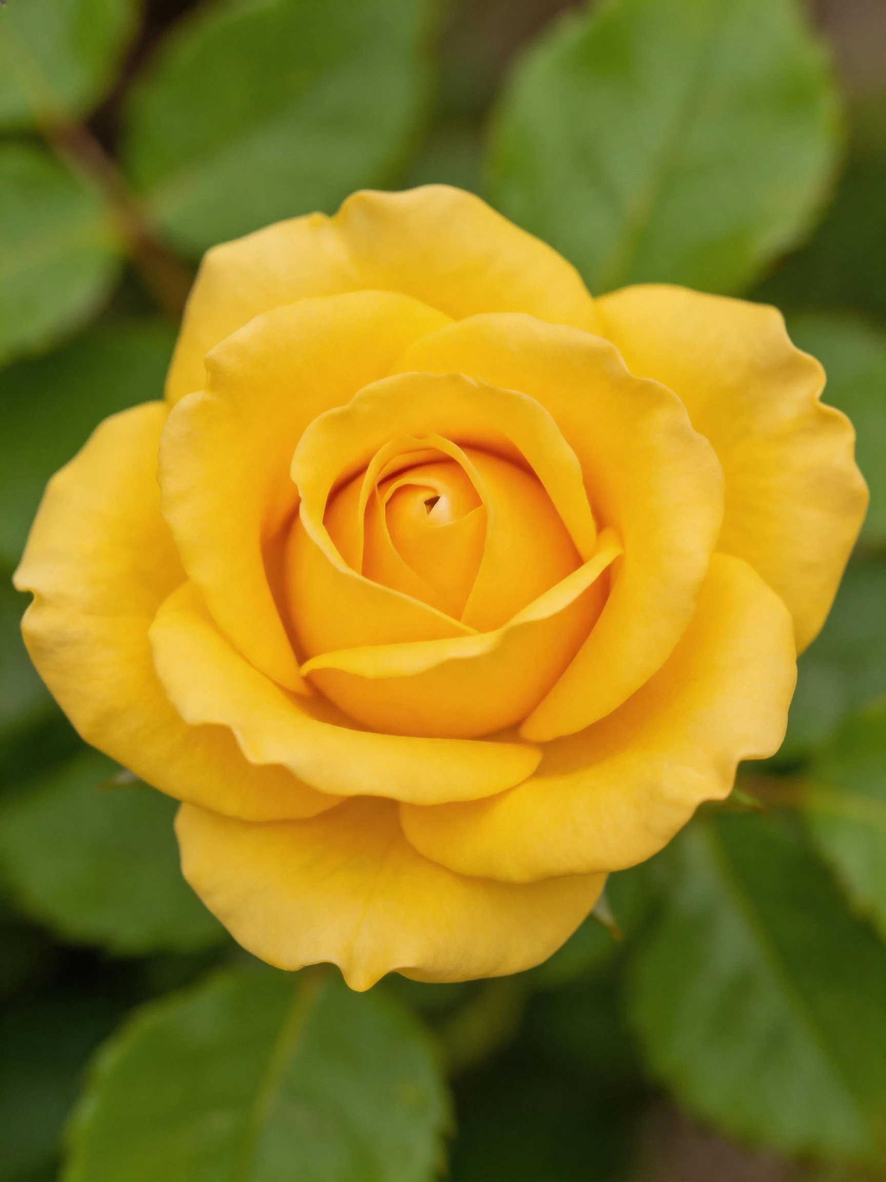 A vibrant yellow rose in full bloom surrounded by green leaves