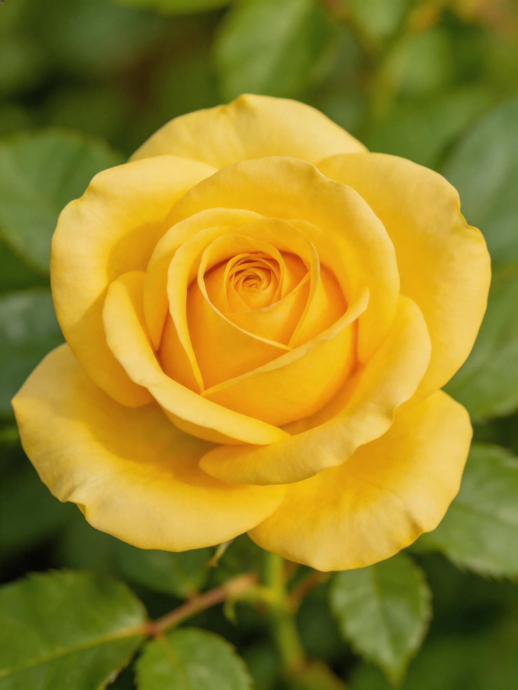 A vibrant yellow rose in full bloom surrounded by green leaves