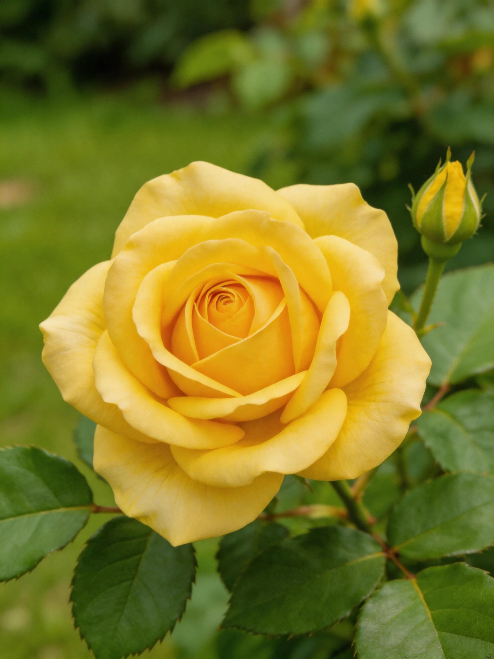 A vibrant yellow rose in full bloom with a closed bud nearby