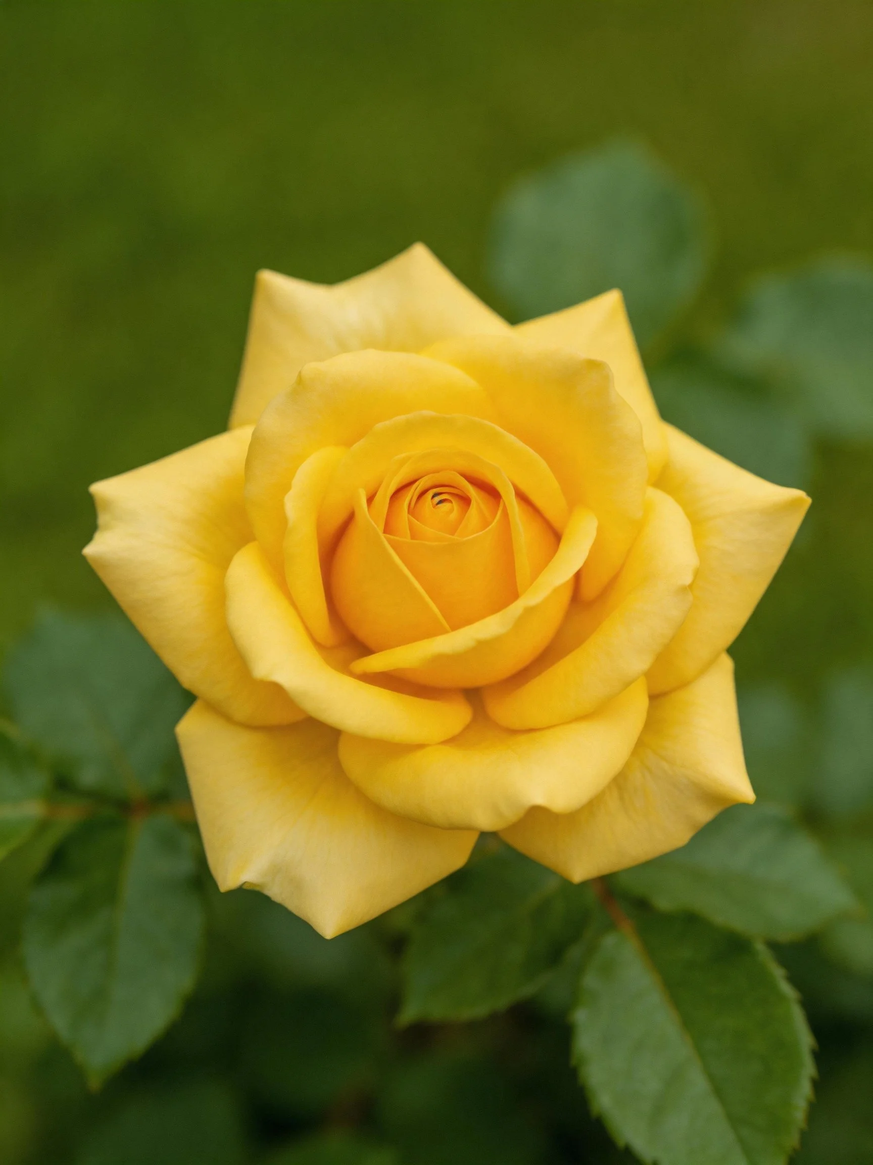 A vibrant yellow rose in full bloom with blurred green foliage