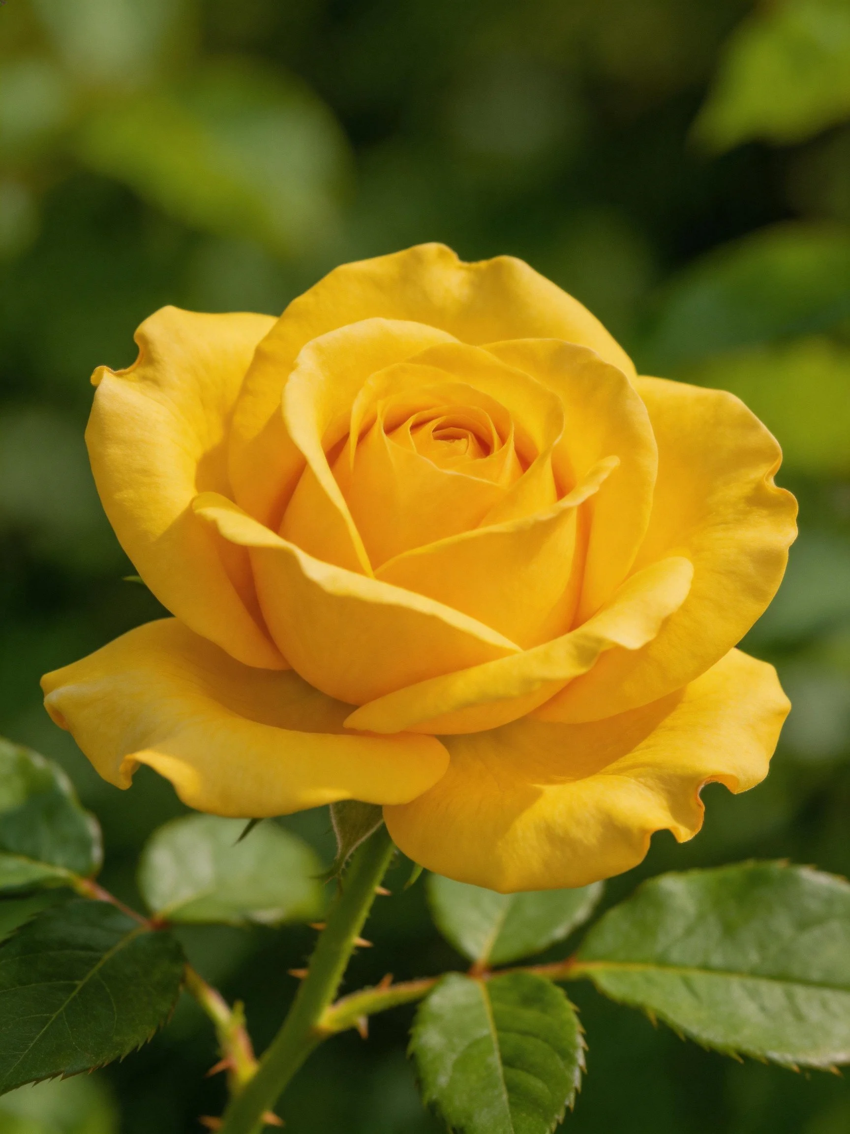A vibrant yellow rose in full bloom with green foliage