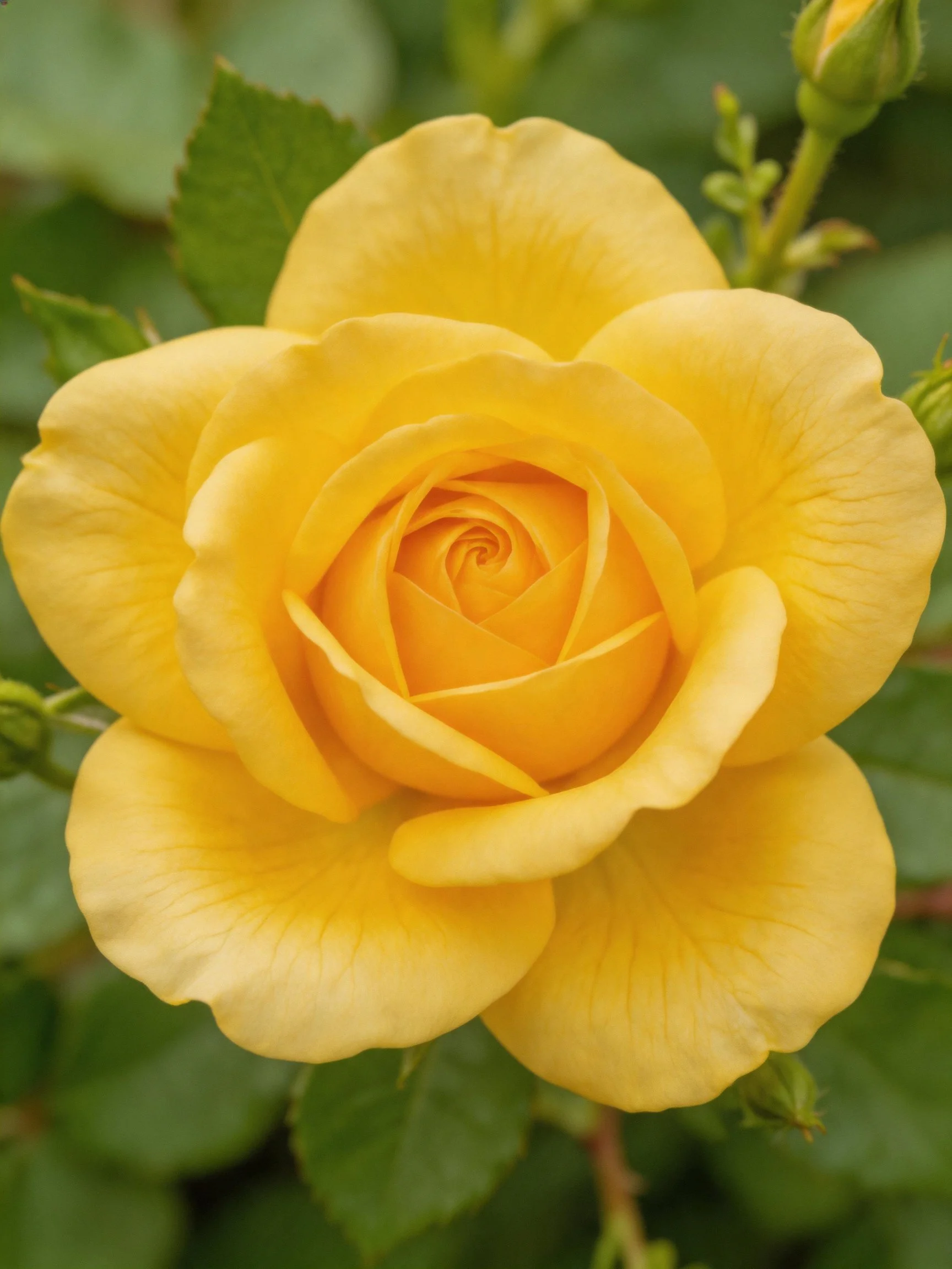 A vibrant yellow rose in full bloom with green foliage