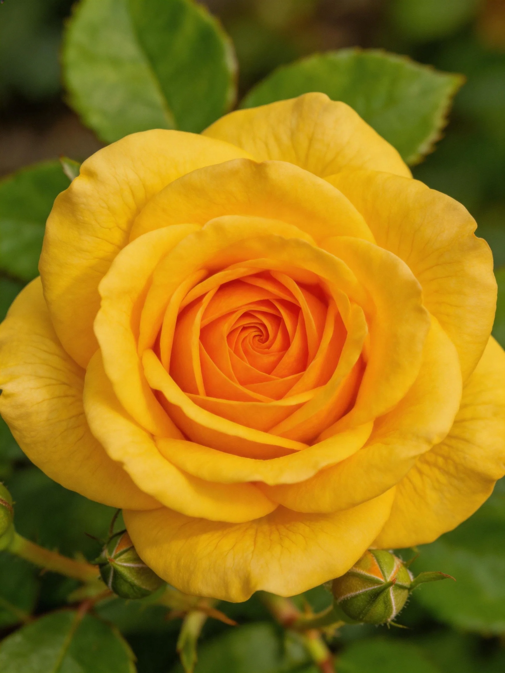 A vibrant yellow rose in full bloom with green foliage