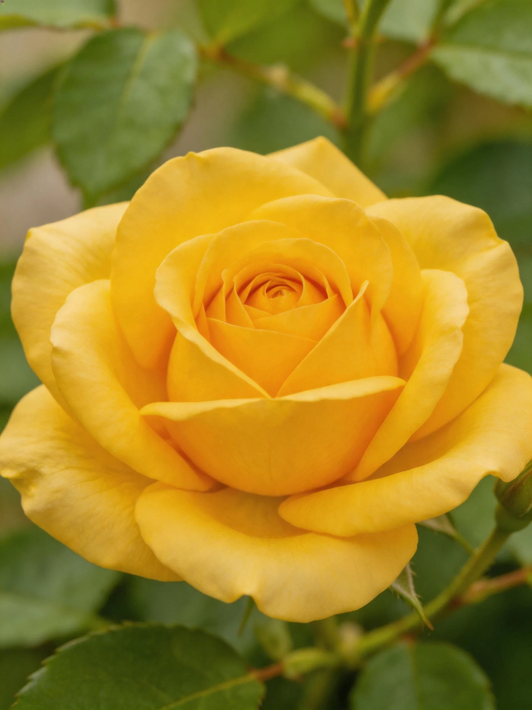 A vibrant yellow rose in full bloom with green foliage