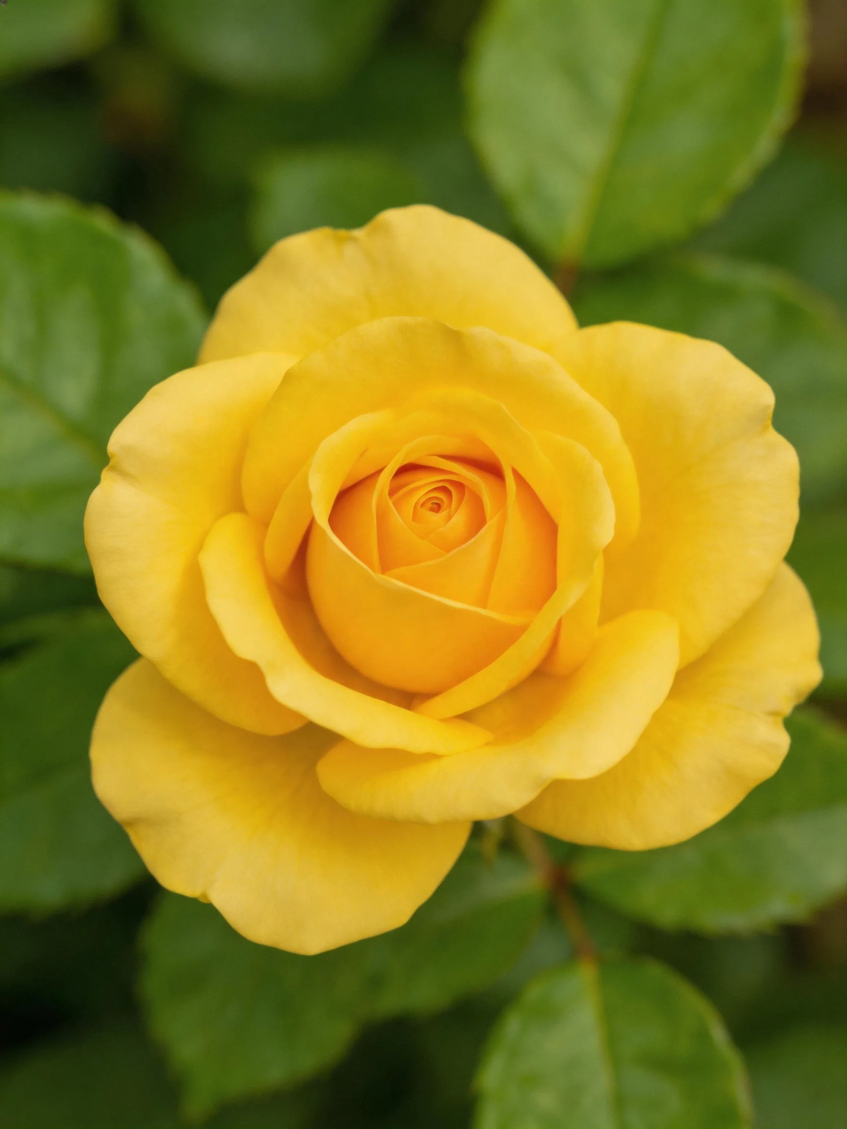 A vibrant yellow rose in full bloom with green foliage