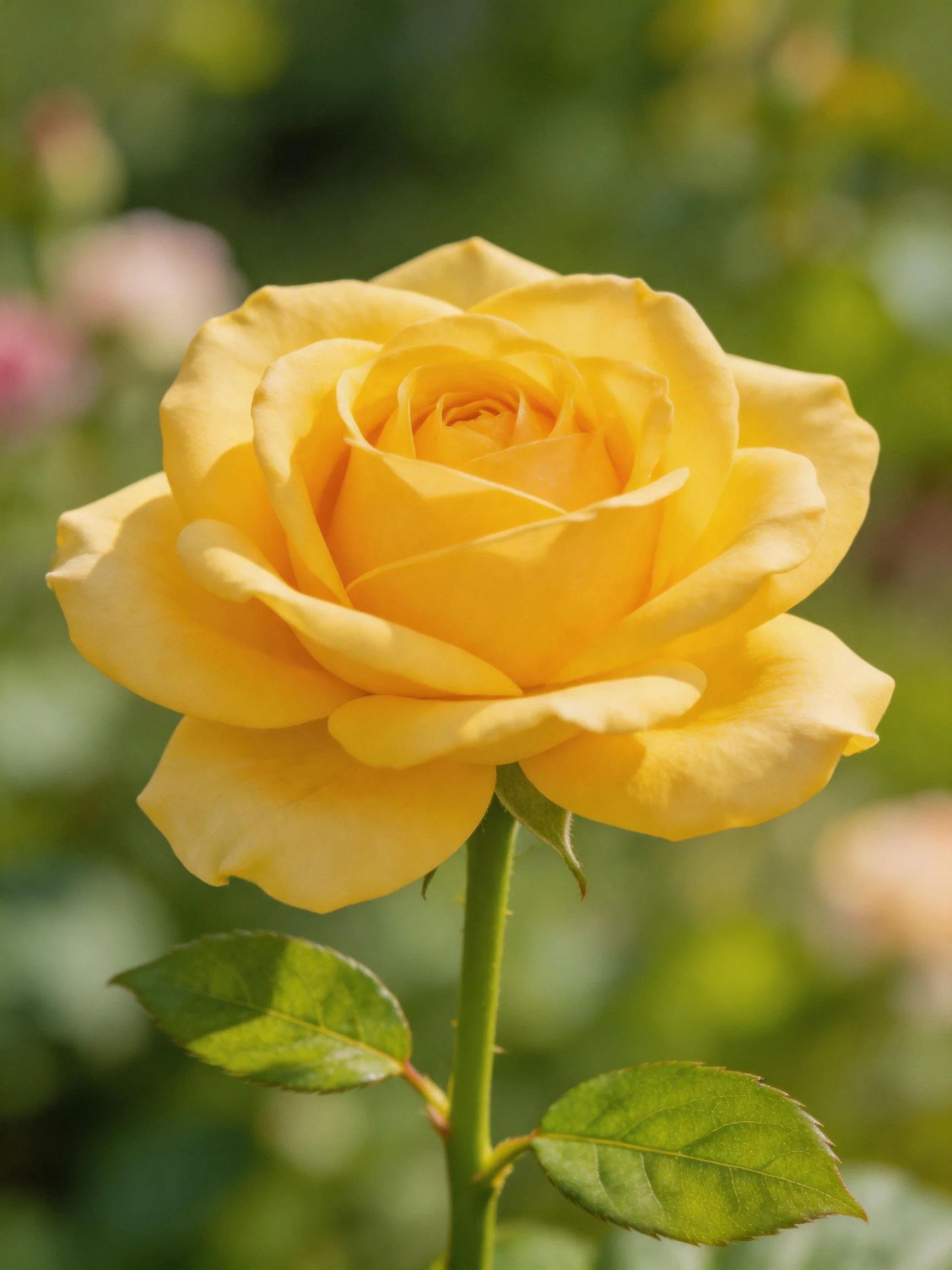 A vibrant yellow rose in full bloom with green foliage