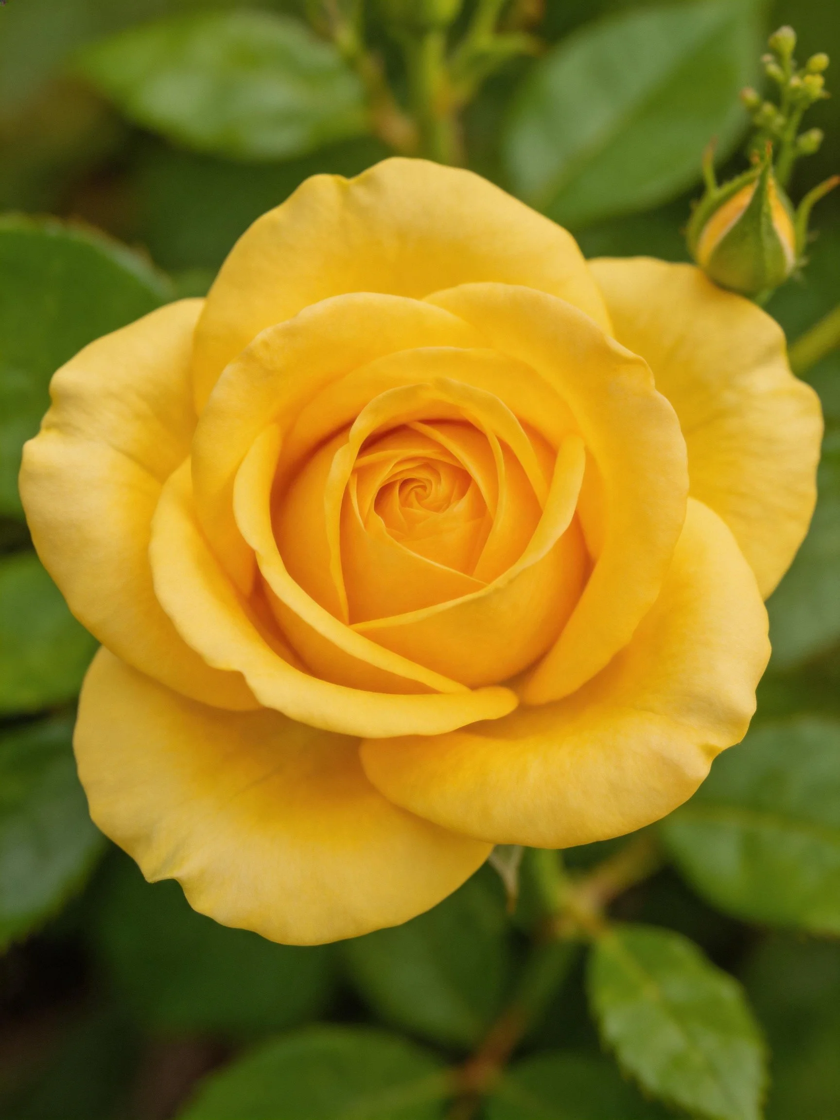 A vibrant yellow rose in full bloom with green foliage