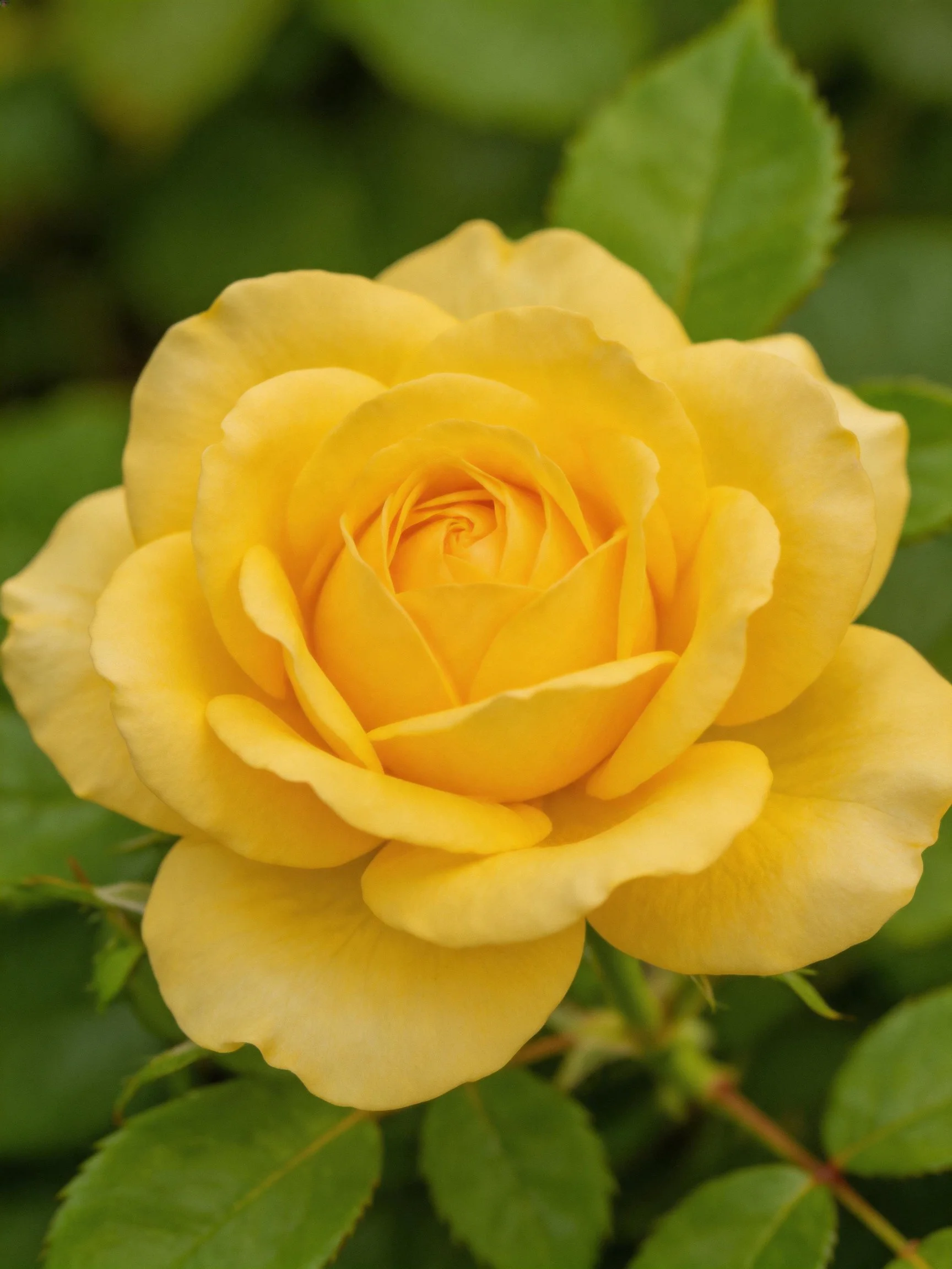 A vibrant yellow rose in full bloom with lush green foliage