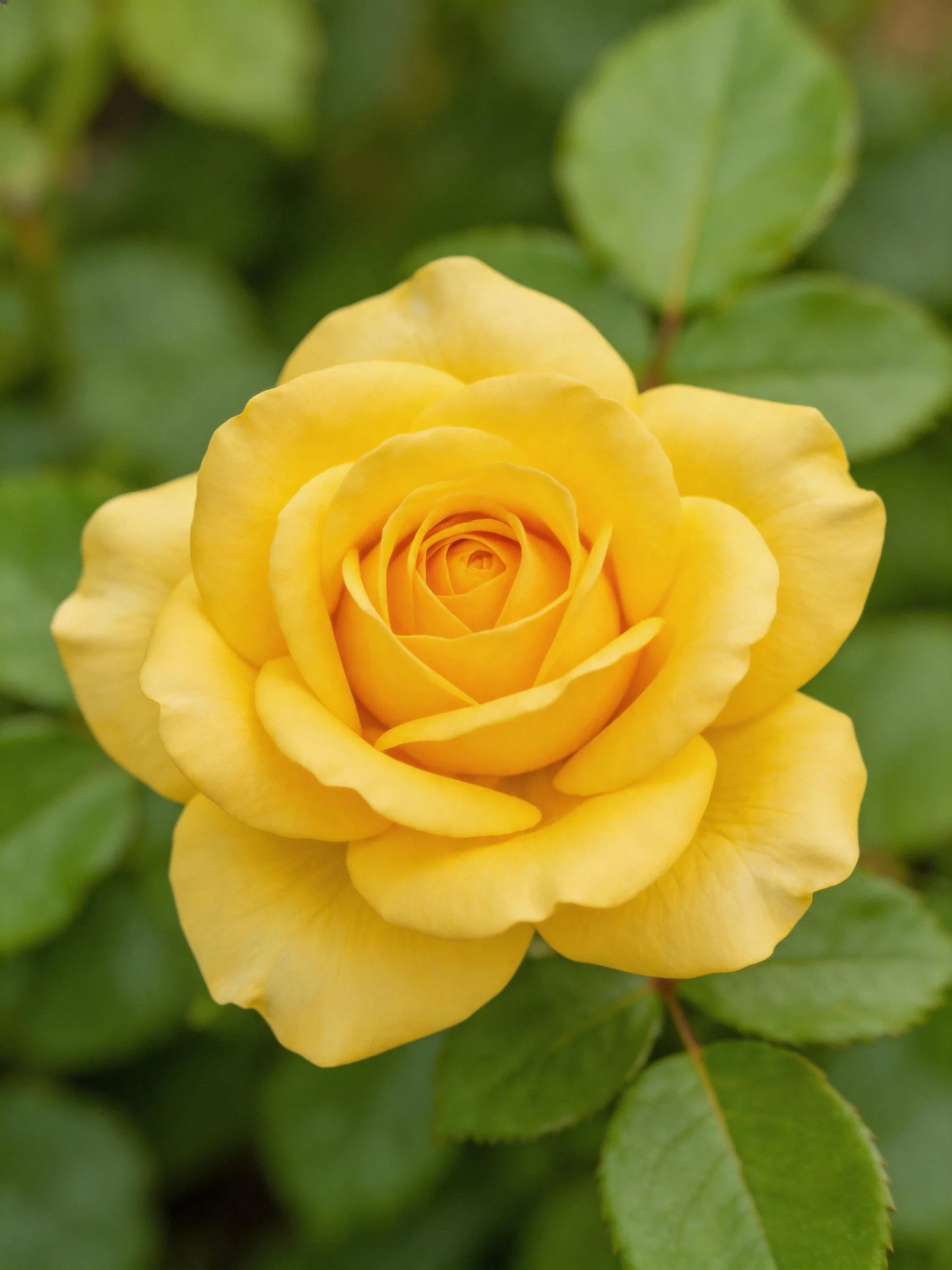 A vibrant yellow rose in full bloom with lush green foliage