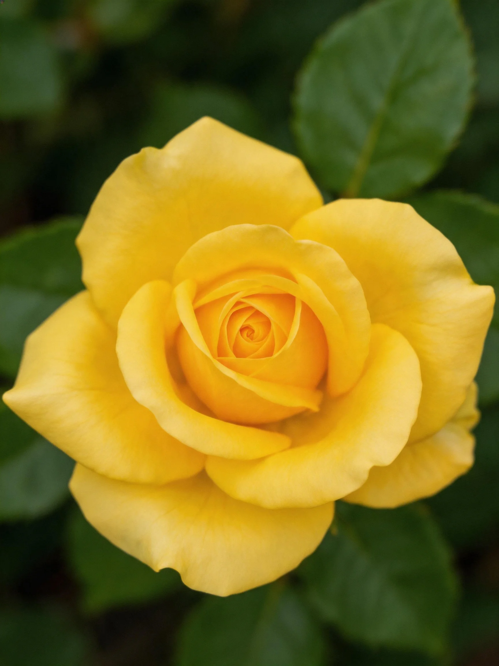 A vibrant yellow rose in full bloom with lush green foliage