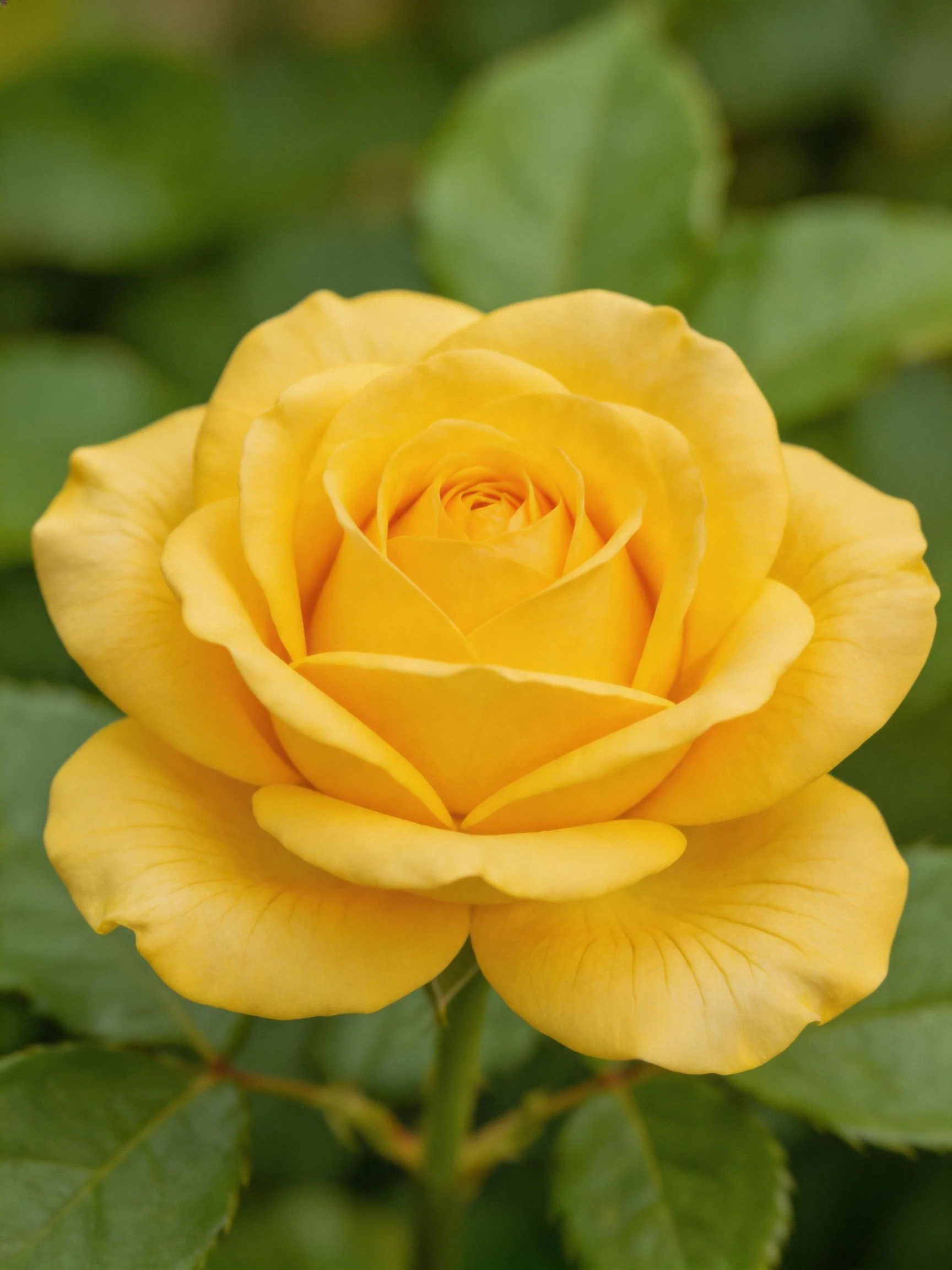 A vibrant yellow rose in full bloom with lush green foliage