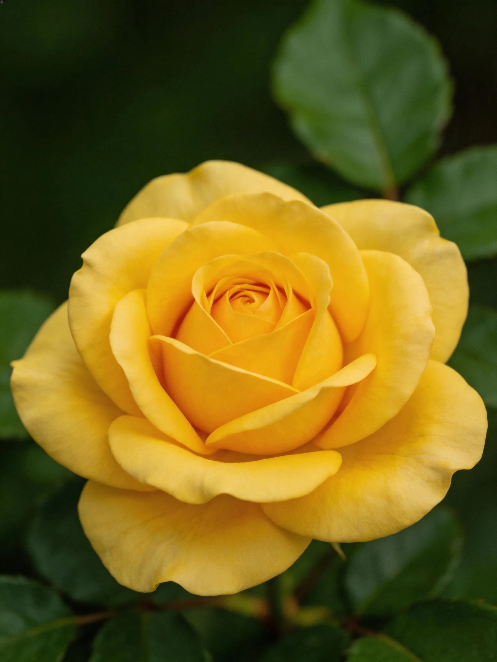 A vibrant yellow rose in full bloom with lush green foliage