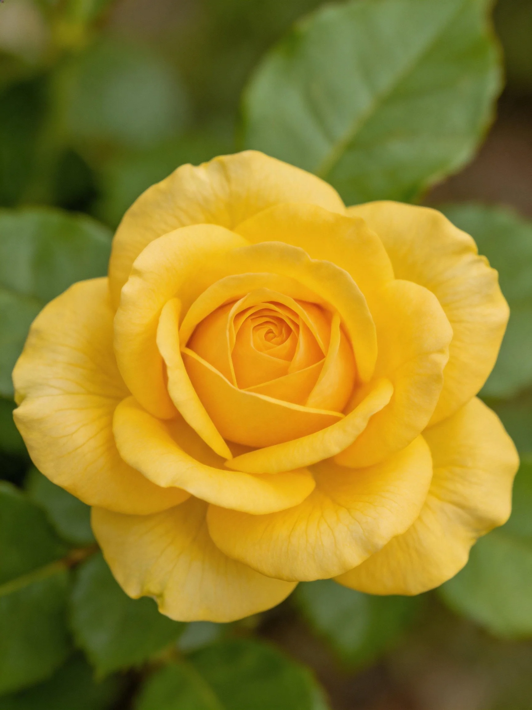 A vibrant yellow rose in full bloom with lush green foliage