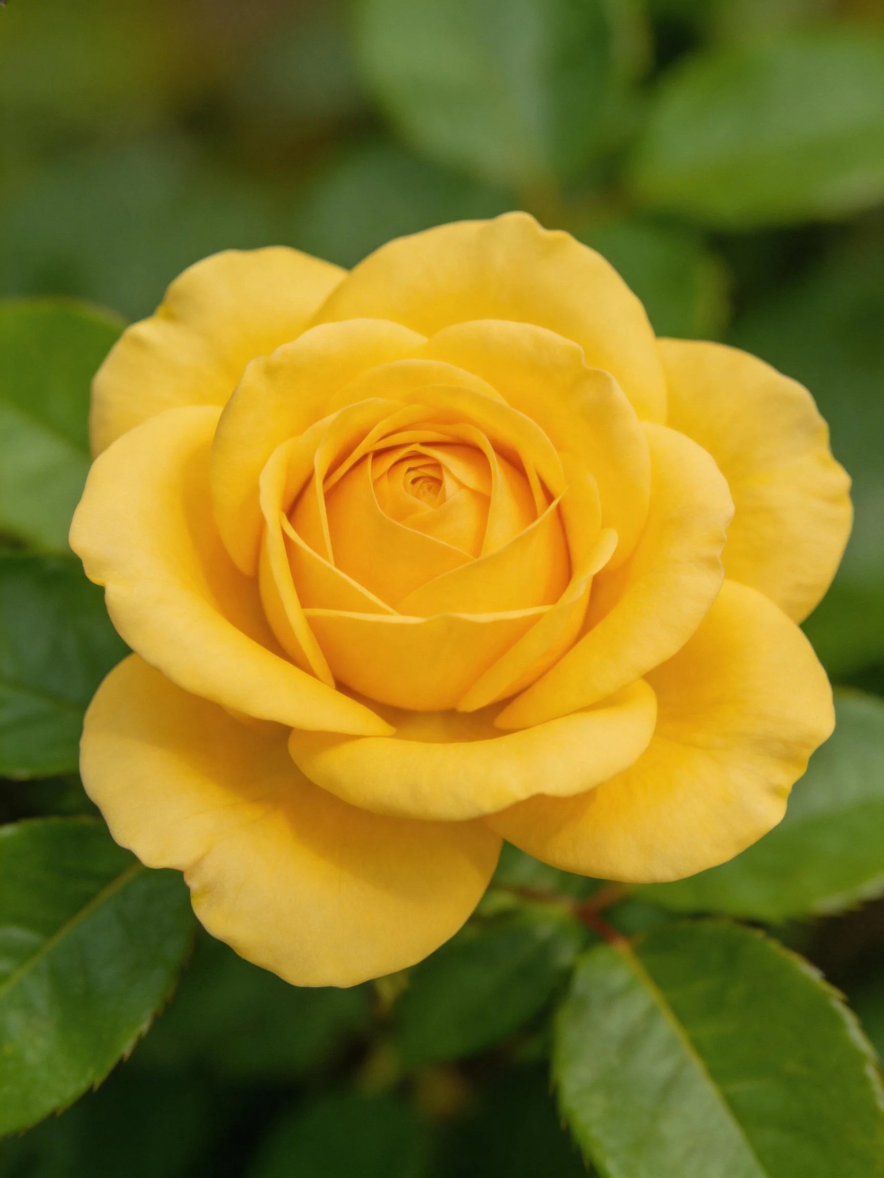 A vibrant yellow rose in full bloom with lush green leaves