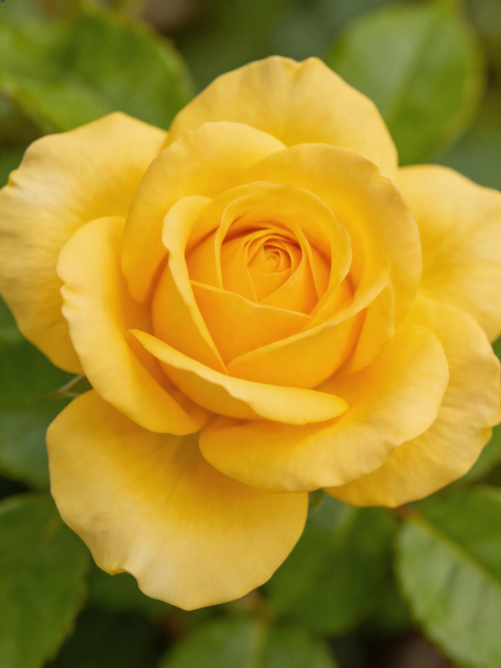 A vibrant yellow rose in full bloom with lush green leaves